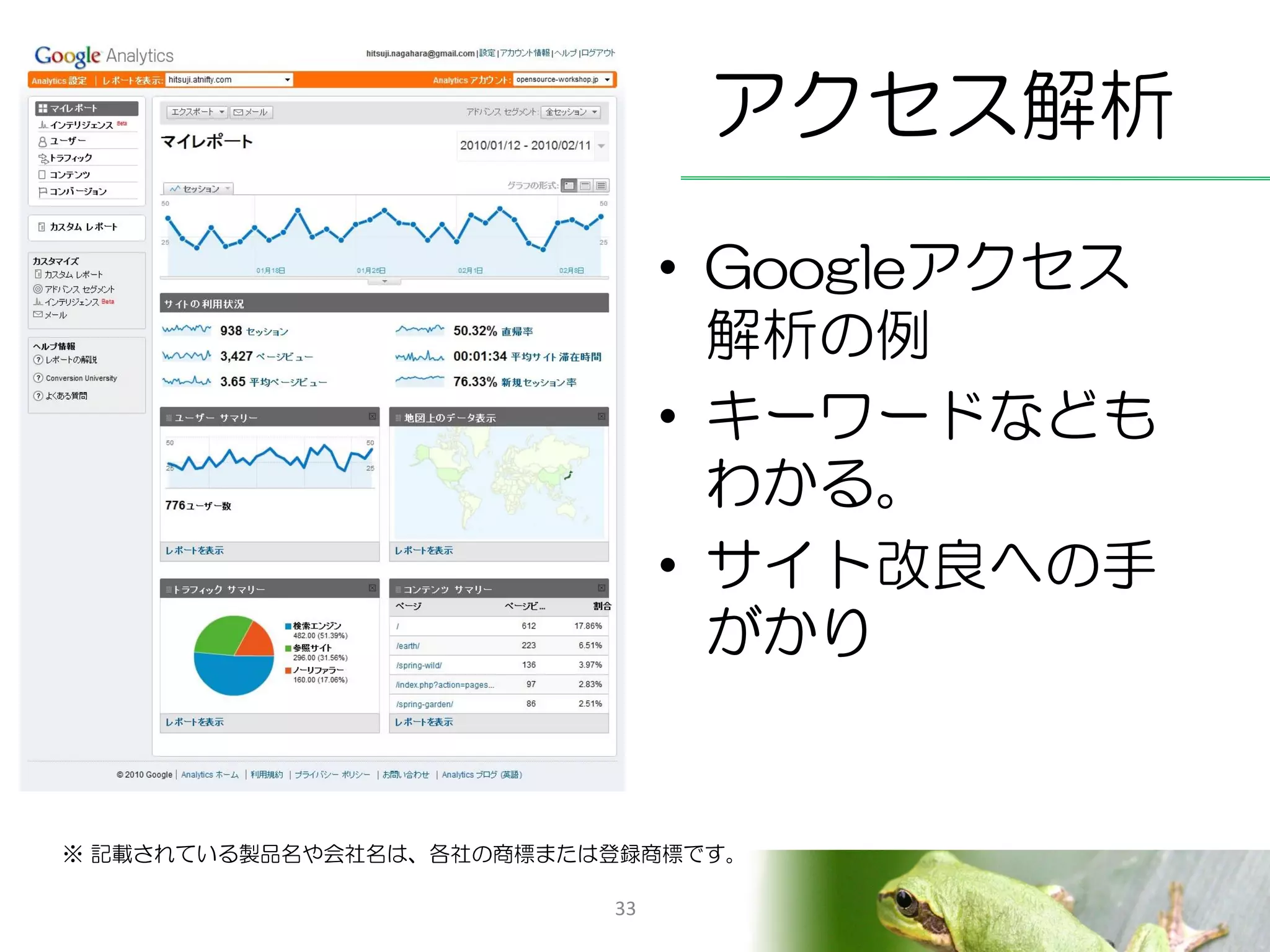 アクセス解析
                               • Googleアクセス
                                 解析の例
                               • キーワードなども
                                 わかる。
                               • サイト改良への手
                                 がかり


※ 記載されている製品名や会社名は、各社の商標または登録商標です。

                          33
 
