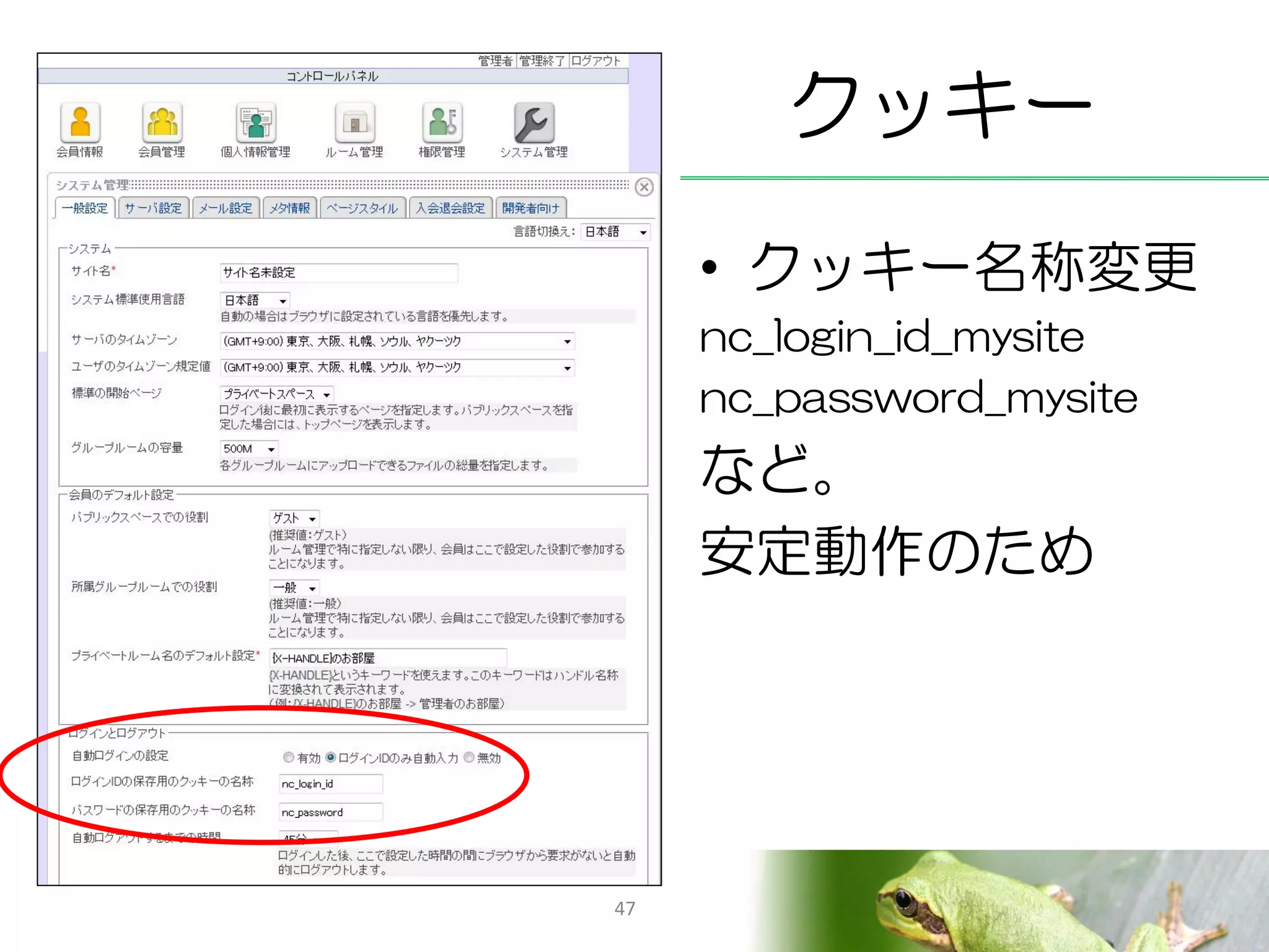 クッキー
     • クッキー名称変更
     nc_login_id_mysite
     nc_password_mysite
     など。
     安定動作のため




47
 
