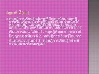 ทฤษฎีการเรียนรู้กลุ่มพุทธิปัญญานิยม ทฤษฎีการเรียนรู้ตามแนวพุทธิปัญญานิยม จำแนกได้หลายทฤษฎี แต่ทฤษฎีที่เป็นที่ยอมรับกันมาก และนำมาประยุกต์ใช้กันมากกับสถานการณ์การเรียนการสอน ได้แก่  1.  ทฤษฎีพัฒนาการเชาวน์ปัญญาของเพียเจต์  2.  ทฤษฎีการเรียนรู้โดยการค้นพบของบรูเนอร์  3.  ทฤษฎีการเรียนรู้อย่างมีความหมายของออซูเบล 
