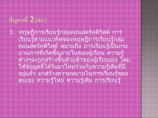 3.   ทฤษฎีการเรียนรู้กลุ่มคอนสตรัคติวิสต์ การเรียนรู้ตามแนวคิดของทฤษฎีการเรียนรู้กลุ่มคอนสตรัคติวิสต์ หมายถึง การเรียนรู้เป็นกระบวนการที่เกิดขึ้นภายในของผู้เรียน ความรู้ต่างๆจะถูกสร้างขึ้นด้วยตัวของผู้เรียนเอง โดยใช้ข้อมูลที่ได้รับมาใหม่ร่วมกับความรู้เดิมที่มีอยู่แล้ว มาสร้างความหมายในการเรียนรู้ของตนเอง ความรู้ใหม่ ความรู้เดิม การเรียนรู้ 
