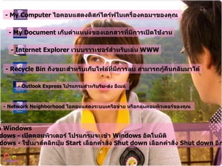 - My Computer  ไอคอนแสดงดิสก์ไดร์ฟในเครื่องคอมฯของคุณ   - My Document  เก็บตำแหน่งของเอกสารที่มีการเปิดใช้งาน - Internet Explorer  เวบบราวเซอร์สำหรับเล่น  WWW - Recycle Bin  ถังขยะสำหรับเก็บไฟล์ที่มีการลบ สามารถกู้คืนกลับมาได้ - Outlook Express  โปรแกรมสำหรับรับ - ส่ง อีเมล์   - Network Neighborhood  ไอคอนแสดงระบบเครือข่าย หรือกลุ่มคอมพิวเตอร์ของคุณ   การเปิด - ปิด  Windows  Open Windows -  เปิดคอมพิวเตอร์ โปรแกรมจะเข้า  Windows  อัตโนมัติ   Close Windows -  ใช้เมาส์คลิกปุ่ม  Start  เลือกคำสั่ง  Shut down  เลือกคำสั่ง   Shut down  อีกครั้ง   