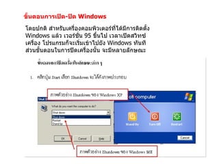ขั้นตอนการเปิด - ปิด  Windows โดยปกติ สำหรับเครื่องคอมพิวเตอร์ที่ได้มีการติดตั้ง  Windows  แล้ว เวอร์ชั่น  95  ขึ้นไป เวลาเปิดสวิทซ์เครื่อง โปรแกรมก็จะเริ่มเข้าไปยัง  Windows  ทันที ส่วนขั้นตอนในการปิดเครื่องนั้น จะมีหลายลักษณะ 