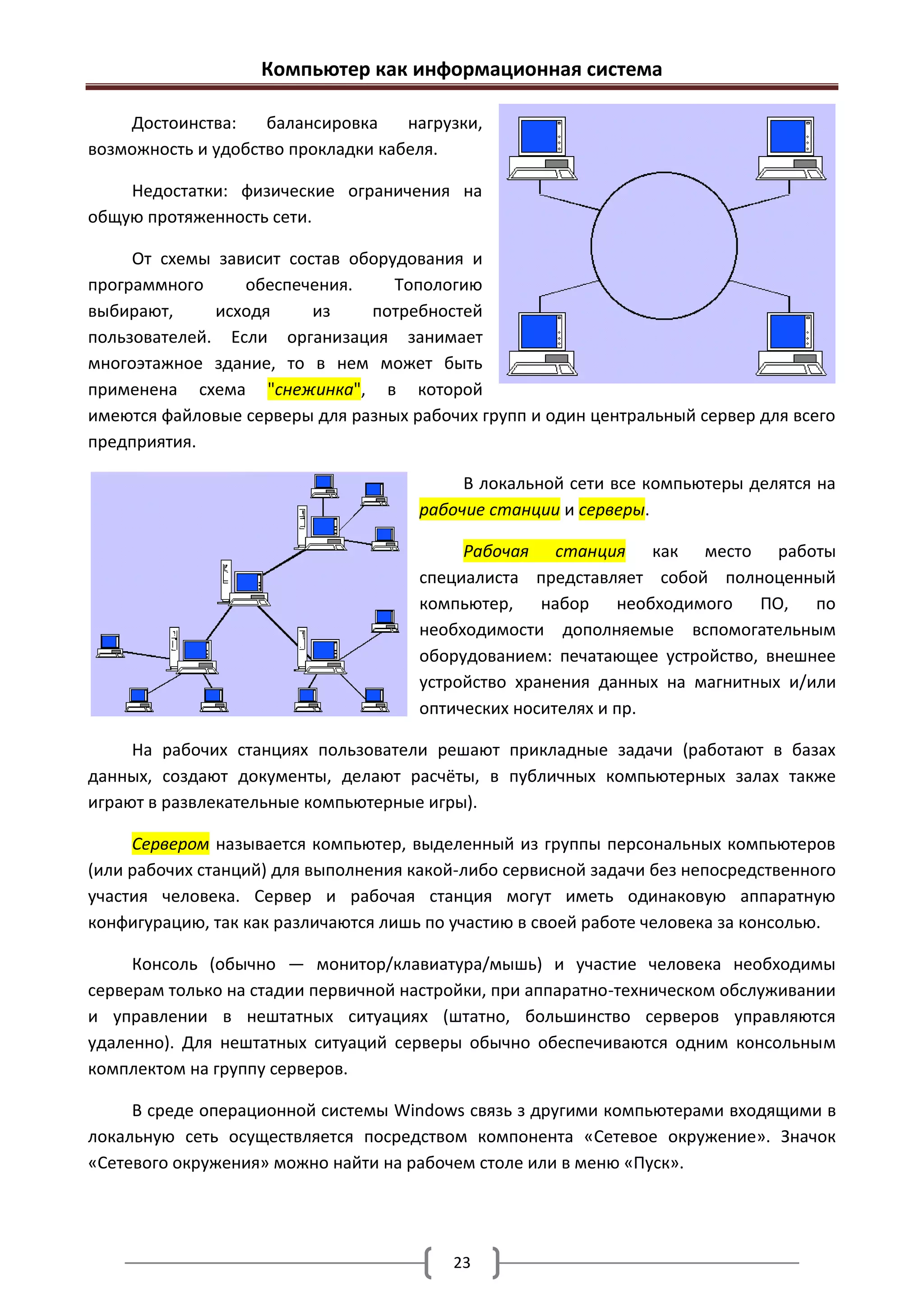 Компьютер как информационная система

    Достоинства:    балансировка    нагрузки,
возможность и удобство прокладки кабеля.

    Недостатки: физические ограничения на
общую протяженность сети.

     От схемы зависит состав оборудования и
программного     обеспечения.     Топологию
выбирают,     исходя     из    потребностей
пользователей. Если организация занимает
многоэтажное здание, то в нем может быть
применена схема "снежинка", в которой
имеются файловые серверы для разных рабочих групп и один центральный сервер для всего
предприятия.

                                           В локальной сети все компьютеры делятся на
                                      рабочие станции и серверы.

                                           Рабочая станция как место работы
                                      специалиста представляет собой полноценный
                                      компьютер, набор необходимого ПО, по
                                      необходимости дополняемые вспомогательным
                                      оборудованием: печатающее устройство, внешнее
                                      устройство хранения данных на магнитных и/или
                                      оптических носителях и пр.

     На рабочих станциях пользователи решают прикладные задачи (работают в базах
данных, создают документы, делают расчёты, в публичных компьютерных залах также
играют в развлекательные компьютерные игры).

     Сервером называется компьютер, выделенный из группы персональных компьютеров
(или рабочих станций) для выполнения какой-либо сервисной задачи без непосредственного
участия человека. Сервер и рабочая станция могут иметь одинаковую аппаратную
конфигурацию, так как различаются лишь по участию в своей работе человека за консолью.

     Консоль (обычно — монитор/клавиатура/мышь) и участие человека необходимы
серверам только на стадии первичной настройки, при аппаратно-техническом обслуживании
и управлении в нештатных ситуациях (штатно, большинство серверов управляются
удаленно). Для нештатных ситуаций серверы обычно обеспечиваются одним консольным
комплектом на группу серверов.

     В среде операционной системы Windows связь з другими компьютерами входящими в
локальную сеть осуществляется посредством компонента «Сетевое окружение». Значок
«Сетевого окружения» можно найти на рабочем столе или в меню «Пуск».




                                          23
 