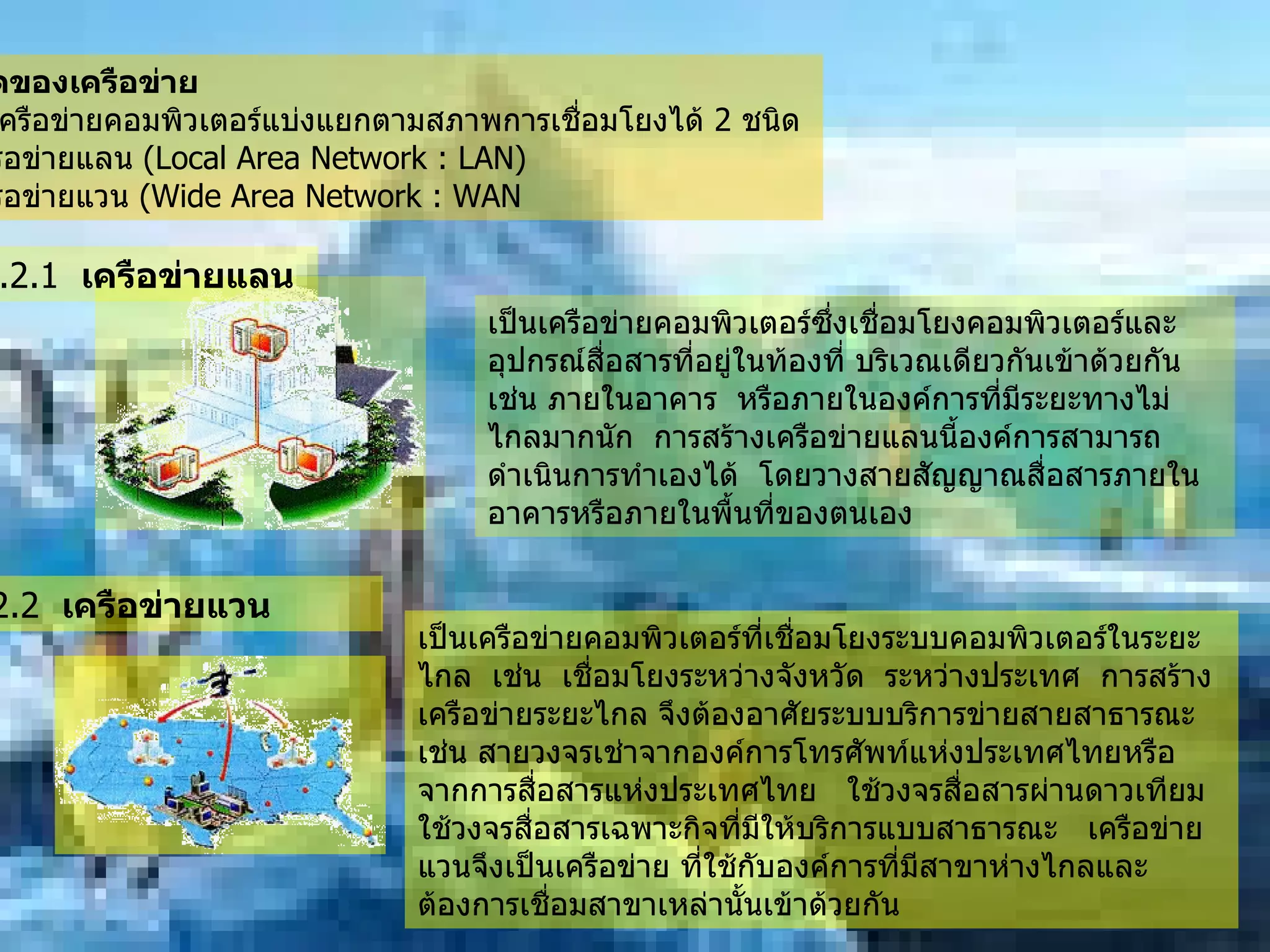 7.2   ชนิดของเครือข่าย               เครือข่ายคอมพิวเตอร์แบ่งแยกตามสภาพการเชื่อมโยงได้  2  ชนิด         -   เครือข่ายแลน  ( Local Area Network : LAN)      -   เครือข่ายแวน  ( Wide Area Network : WAN เป็นเครือข่ายคอมพิวเตอร์ซึ่งเชื่อมโยงคอมพิวเตอร์และอุปกรณ์สื่อสารที่อยู่ในท้องที่ บริเวณเดียวกันเข้าด้วยกัน    เช่น ภายในอาคาร    หรือภายในองค์การที่มีระยะทางไม่ไกลมากนัก    การสร้างเครือข่ายแลนนี้องค์การสามารถดำเนินการทำเองได้    โดยวางสายสัญญาณสื่อสารภายในอาคารหรือภายในพื้นที่ของตนเอง    7.2.2   เครือข่ายแวน           เป็นเครือข่ายคอมพิวเตอร์ที่เชื่อมโยงระบบคอมพิวเตอร์ในระยะไกล    เช่น    เชื่อมโยงระหว่างจังหวัด    ระหว่างประเทศ    การสร้างเครือข่ายระยะไกล จึงต้องอาศัยระบบบริการข่ายสายสาธารณะ    เช่น สายวงจรเช่าจากองค์การโทรศัพท์แห่งประเทศไทยหรือจากการสื่อสารแห่งประเทศไทย     ใช้วงจรสื่อสารผ่านดาวเทียม    ใช้วงจรสื่อสารเฉพาะกิจที่มีให้บริการแบบสาธารณะ     เครือข่ายแวนจึงเป็นเครือข่าย ที่ใช้กับองค์การที่มีสาขาห่างไกลและต้องการเชื่อมสาขาเหล่านั้นเข้าด้วยกัน  7.2.1   เครือข่ายแลน   