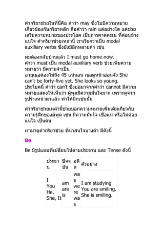 คำำกริยำช่วยในที่นี้คือ คำำว่ำ may ซึงไม่มีควำมหมำย
                                     ่
เกี่ยวข้องกับกริยำหลัก คือคำำว่ำ rain แต่อย่ำงใด แต่ช่วย
เสริมควำมหมำยของประโยค เป็นกำรคำดคะเน ที่ค่อนข้ำง
แน่ใจ คำำกริยำช่วยเหล่ำนี้ เรำเรียกว่ำเป็น modal
auxiliary verbs ซึ่งยังมีอีกหลำยคำำ เช่น
ผมต้องกลับบ้ำนแล้ว I must go home now.
คำำว่ำ must เป็น modal auxiliary verb ช่วยเพิ่มควำม
หมำยว่ำ มีควำมจำำเป็น
อำยุเธอต้องไม่ถึง 45 แน่นอน เธอดูหน้ำอ่อนจัง She
can't be forty-five yet. She looks so young.
ประโยคนี้ คำำว่ำ can't ซึงย่อมำจำกคำำว่ำ cannot มีควำม
                         ่
หมำยแสดงให้เห็นว่ำ ผู้พูดมีควำมมั่นใจมำก เพรำะดูจำก
รูปร่ำงหน้ำตำแล้ว ทำำให้นึกเช่นนั้น
คำำกริยำช่วยเหล่ำนี้ช่วยบอกควำมหมำยเพิ่มเติมเกียวกับ
ควำมรู้สึกของผู้พูด เช่น มีควำมมั่นใจ เชื่อแน่ หรือไม่ค่อย
แน่ใจ เป็นต้น
เรำมำดูคำำกริยำช่วย ที่น่ำสนใจบำงคำำ มีดังนี้
Be
Be มีรูปแบบที่เปลี่ยนไปตำมประธำน และ Tense ดังนี้

           ประธำ ปัจจุ อดี
                           ตัวอย่ำง
           น       บัน ต
                       wa
           I           s
                   am      I am studying
           You         we
                   are     You are smiling.
           He,         re
                   is      She is smiling.
           She, It     wa
                       s
 
