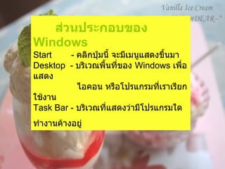 ส่วนประกอบของ  Windows Start  -  คลิกปุ่มนี้ จะมีเมนูแสดงขึ้นมา   Desktop  -  บริเวณพื้นที่ของ  Windows  เพื่อแสดง   ไอคอน หรือโปรแกรมที่เราเรียกใช้งาน   Task Bar -  บริเวณที่แสดงว่ามีโปรแกรมใดทำงานค้างอยู่   