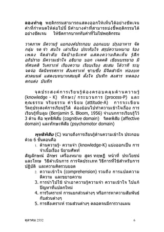 ลองทำา ดู พฤติ ก รรมสามารถแสดงออกให้ เ ห็ น ได้ อ ย่ า งชั ด เจน
คำา ที่ กำา หนดให้ ต่ อ ไปนี้ มี คำา บางคำา ที่ ส ามารถบ่ ง ชี้ พ ฤติ ก รรมได้
อย่างชัดเจน        ให้ขีดกากบาททับคำาที่ไม่ใช่พฤติกรรม

วาดภาพ มีความรู้ แยกองค์ประกอบ ออกแบบ ปรุงอาหาร จัด
กลุ่ม จด จำา สนใจ เล่าเรื่อง ประทับใจ สรุปความหมาย ร้อง
เพลง จั ด ลำา ดั บ จั ด ป้ า ยนิ เ ทศ แสดงความคิ ด เห็ น รู้ สึ ก
อภิปราย มีความเข้าใจ อธิบาย บอก เจตคติ เขียนบรรยาย มี
ทัศนคติ วิเคราะห์ เรียงความ เรียบเรียง สะสม โต้วาที ระบุ
จดจ่อ จัดนิทรรศการ สังเคราะห์ ซาบซึ้ง มีจิตสำา นึก ท่องบท
สวดมนต์ แสดงบทบาทสมมุติ ตั้งใจ บันทึก สงสาร ทดลอง
ตกแต่ง บันทึก

      จุ ด ป ร ะ ส ง ค์ ก า ร เ รี ย น รู้ ต้ อ ง ค ร อ บ ค ลุ ม ด้ า น ค ว า ม รู้
(knowledge - K) ทั ก ษ ะ / ก ร ะ บ ว น ก า ร (process-P) แ ล ะ
คุ ณ ธ ร ร ม จ ริ ย ธ ร ร ม ค่ า นิ ย ม (attitude-A) ก า ร จ ะ เ ขี ย น
วัตถุประสงค์การเรีย นรู้ไ ด้ ต้อ งย้ อนไปทำา ความเข้าใจเรื่ อง การ
เรียนรู้ที่ บลูม (Benjamin S. Bloom, 1956) จำา แนกการเรีย นรู้ไว้
3 ด้าน คือ พุทธิพิสัย (cognitive domain) จิตตพิสัย (affective
domain) และทักษะพิสัย (psychomotor domain)

      พุทธิพิสัย (C) หมายถึงการเรียนรู้ด้านความเข้าใจ ประกอบ
ด้วย 6 ขั้นตอนคือ
      1. ด้านความรู้- ความจำา (knowledge-K) แบ่งออกเป็น การ
         จำาเนื้อเรื่อง นิยามศัพท์
สัญลักษณ์ อักษร เครื่องหมาย สูตร ทฤษฏี หน้าที่ ประโยชน์
และโทษ วิธีดำา เนิ น การ การจั ดประเภท วิธีก ารที่ใ ช้ สำา หรั บ การ
ปฏิบัติ และความคิดรวบยอด
      2. ความเข้ า ใจ (comprehension) รวมถึ ง การแปลความ
         ตีความ และขยายความ
      3. การนำา ไปใช้ นำา เอาความรู้ ค วามจำา ความเข้ า ใจ ไปแก้
         ปัญหาที่แปลกใหม่
      4. การวิเคราะห์ การแยกส่วนต่างๆ หรือการหาความสัมพันธ์
         กับส่วนต่างๆ
      5. การสังเคราะห์ รวมส่วนต่างๆ ตลอดจนมีการวางแผน


ตุลาคม 2552                                                                   6
 