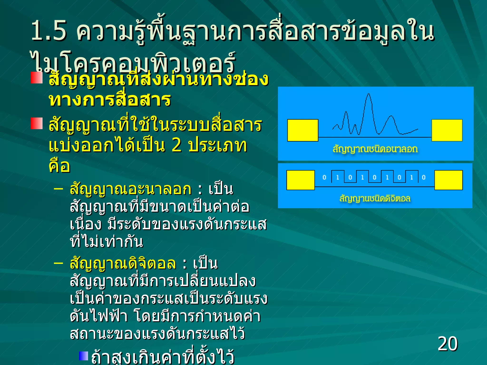 1.5  ความรู้พื้นฐานการสื่อสารข้อมูลในไมโครคอมพิวเตอร์ สัญญาณที่ส่งผ่านทางช่องทางการสื่อสาร   สัญญาณที่ใช้ในระบบสื่อสารแบ่งออกได้เป็น  2  ประเภทคือ สัญญาณอะนาลอก   :  เป็นสัญญาณที่มีขนาดเป็นค่าต่อเนื่อง มีระดับของแรงดันกระแสที่ไม่เท่ากัน  สัญญาณดิจิตอล   :  เป็นสัญญาณที่มีการเปลี่ยนแปลงเป็นค่าของกระแสเป็นระดับแรงดันไฟฟ้า โดยมีการกำหนดค่าสถานะของแรงดันกระแสไว้  ถ้าสูงเกินค่าที่ตั้งไว้สถานะเป็น  "1"  ถ้าต่ำกว่าค่าที่ตั้งไว้ สถานะเป็น  "0"  ซึ่งทำให้สามารถตรวจสอบความผิดพลาดได้  