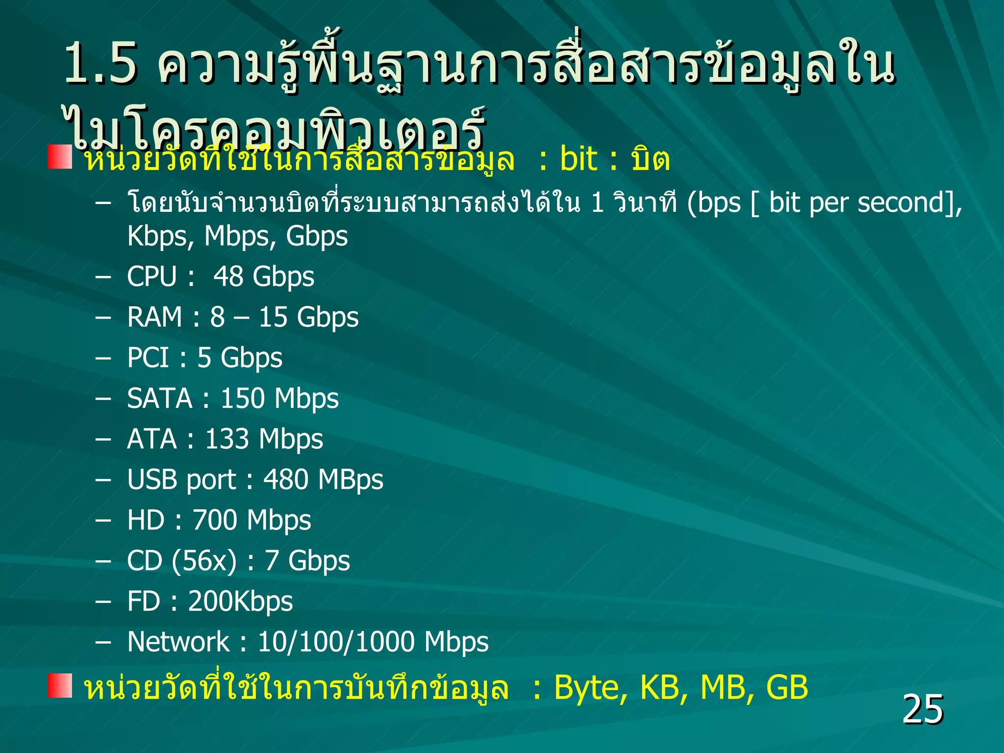 1.5  ความรู้พื้นฐานการสื่อสารข้อมูลในไมโครคอมพิวเตอร์ หน่วยวัดที่ใช้ในการสื่อสารข้อมูล  : bit :  บิต  โดยนับจำนวนบิตที่ระบบสามารถส่งได้ใน  1  วินาที  (bps [ bit per second], Kbps, Mbps, Gbps  CPU :  48 Gbps RAM : 8 – 15 Gbps  PCI : 5 Gbps SATA : 150 Mbps ATA : 133 Mbps USB port : 480 MBps HD : 700 Mbps CD (56x) : 7 Gbps FD : 200Kbps Network : 10/100/1000 Mbps หน่วยวัดที่ใช้ในการบันทึกข้อมูล  : Byte, KB, MB, GB  