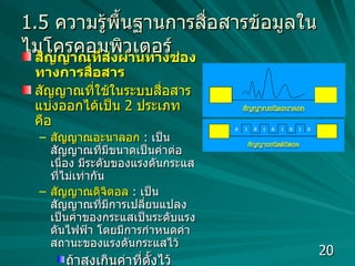 1.5  ความรู้พื้นฐานการสื่อสารข้อมูลในไมโครคอมพิวเตอร์ สัญญาณที่ส่งผ่านทางช่องทางการสื่อสาร   สัญญาณที่ใช้ในระบบสื่อสารแบ่งออกได้เป็น  2  ประเภทคือ สัญญาณอะนาลอก   :  เป็นสัญญาณที่มีขนาดเป็นค่าต่อเนื่อง มีระดับของแรงดันกระแสที่ไม่เท่ากัน  สัญญาณดิจิตอล   :  เป็นสัญญาณที่มีการเปลี่ยนแปลงเป็นค่าของกระแสเป็นระดับแรงดันไฟฟ้า โดยมีการกำหนดค่าสถานะของแรงดันกระแสไว้  ถ้าสูงเกินค่าที่ตั้งไว้สถานะเป็น  "1"  ถ้าต่ำกว่าค่าที่ตั้งไว้ สถานะเป็น  "0"  ซึ่งทำให้สามารถตรวจสอบความผิดพลาดได้  