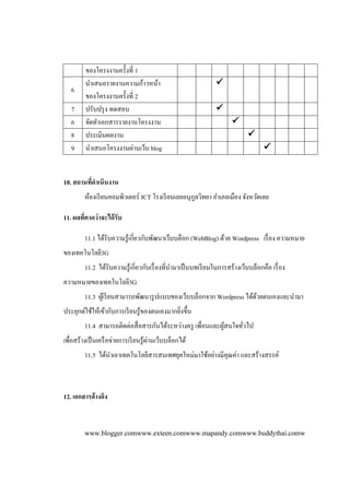 ของโครงงานครั้งที่ 1
         นาเสนอรายงานความก้าวหน้า                               
   6
         ของโครงงานครั้งที่ 2
   7     ปรับปรุ ง ทดสอบ                                        
   6     จัดทาเอกสารรายงานโครงงาน                                      
   8     ประเมินผลงาน                                                         
   9     นาเสนอโครงงานผ่านเว็บ blog                                                 


10. สถานทีดาเนินงาน
          ่
         ห้องเรี ยนคอมพิวเตอร์ ICT โรงเรี ยนเลยอนุกลวิทยา อาเภอเมือง จังหวัดเลย
                                                   ู

11. ผลทีคาดว่าจะได้ รับ
        ่

         11.1 ได้รับความรู ้เกี่ยวกับพัฒนาเว็บบล็อก (WebBlog) ด้วย Wordpress เรื่ อง ความหมาย
ของเทคโนโลยี3G
         11.2 ได้รับความรู ้เกี่ยวกับเรื่ องที่นามาเป็ นบทเรี ยนในการสร้างเว็บบล็อกคือ เรื่ อง
ความหมายของเทคโนโลยี3G
         11.3 ผูเ้ รี ยนสามารถพัฒนารู ปแบบของเว็บบล็อกจาก Wordpress ได้ดวยตนเองและนามา
                                                                        ้
ประยุกต์ใช้ให้เข้ากับการเรี ยนรู ้ของตนเองมากยิงขึ้น
                                               ่
         11.4 สามารถติดต่อสื่ อสารกันได้ระหว่างครู เพื่อนและผูสนใจทัวไป
                                                              ้     ่
                                       ่
เพื่อสร้างเป็ นเครื อข่ายการเรี ยนรู ้ผานเว็บบล็อกได้
         11.5 ได้นาเอาเทคโนโลยีสารสนเทศยุคใหม่มาใช้อย่างมีคุณค่า และสร้างสรรค์



12. เอกสารอ้างอิง


         www.blogger.comwww.exteen.comwww.mapandy.comwww.buddythai.comw
 