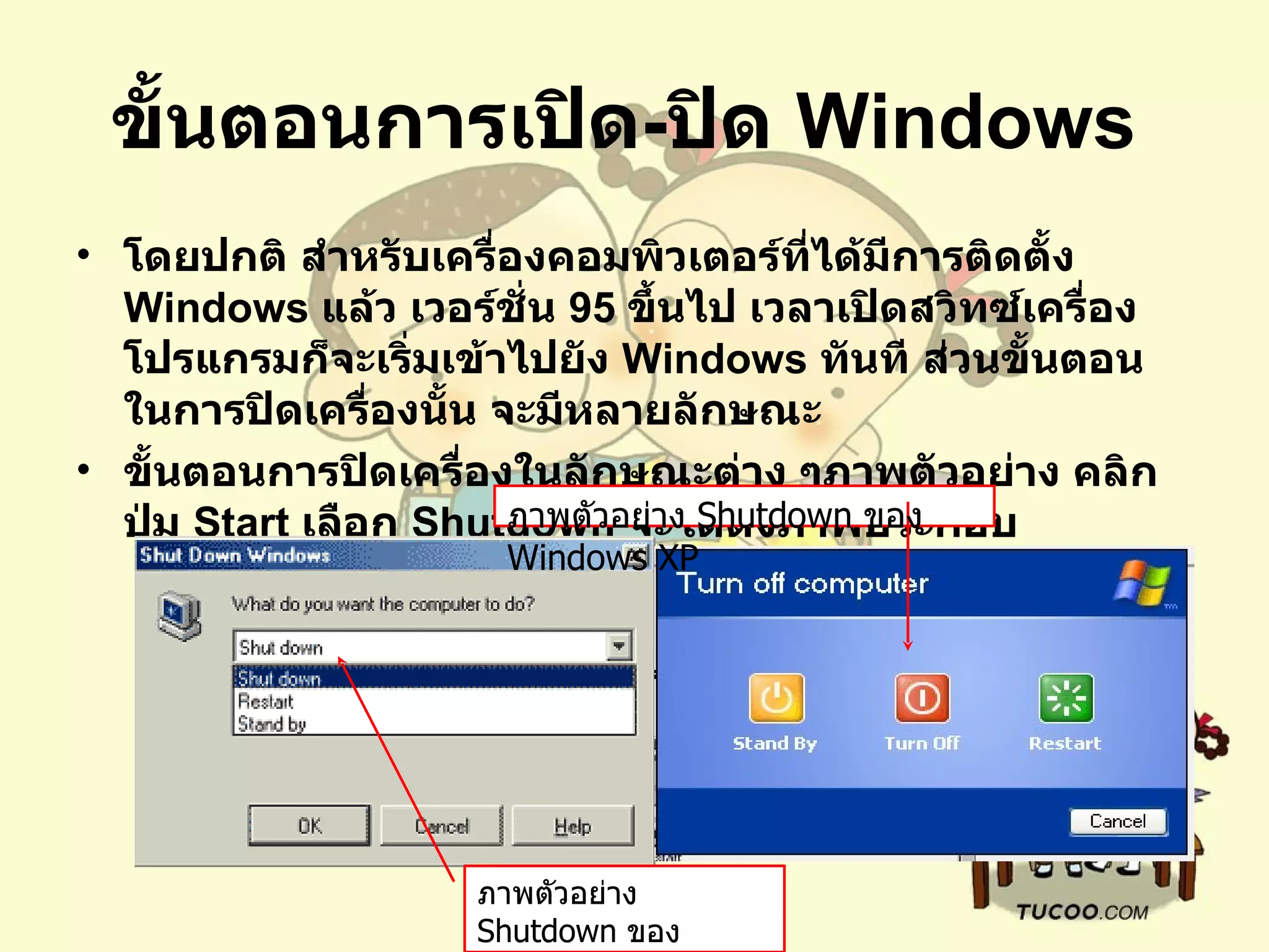ขั้นตอนการเปิด - ปิด  Windows   โดยปกติ สำหรับเครื่องคอมพิวเตอร์ที่ได้มีการติดตั้ง  Windows  แล้ว เวอร์ชั่น  95  ขึ้นไป เวลาเปิดสวิทซ์เครื่อง โปรแกรมก็จะเริ่มเข้าไปยัง  Windows  ทันที ส่วนขั้นตอนในการปิดเครื่องนั้น จะมีหลายลักษณะ ขั้นตอนการปิดเครื่องในลักษณะต่าง ๆภาพตัวอย่าง คลิกปุ่ม  Start  เลือก  Shutdown  จะได้ดังภาพประกอบ ภาพตัวอย่าง  Shutdown  ของ  Windows XP ภาพตัวอย่าง  Shutdown  ของ  Windows ME   