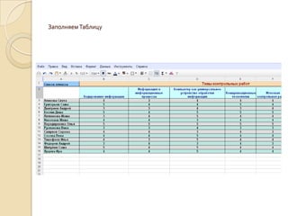 Заполняем Таблицу