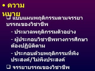 ความหมาย แบบแผนพฤติกรรมตามจรรยาบรรณของวิชาชีพ ประมวลพฤติกรรมตัวอย่าง ผู้ประกอบวิชาชีพทางการศึกษา ต้องปฏิบัติตาม ประกอบด้วยพฤติกรรมที่พึงประสงค์ / ไม่พึงประสงค์ จรรยาบรรณของวิชาชีพ มาตรฐานการปฏิบัติตน ตามข้อบังคับคุรุสภา 
