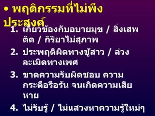 พฤติกรรมที่ไม่พึงประสงค์ เกี่ยวข้องกับอบายมุข  /  สิ่งเสพติด  /  กิริยาไม่สุภาพ ประพฤติผิดทางชู้สาว  /  ล่วงละเมิดทางเพศ ขาดความรับผิดชอบ ความกระตือรือร้น จนเกิดความเสียหาย ไม่รับรู้  /  ไม่แสวงหาความรู้ใหม่ๆ ขัดขวางการพัฒนาองค์กร จนเกิดผลเสียหาย 