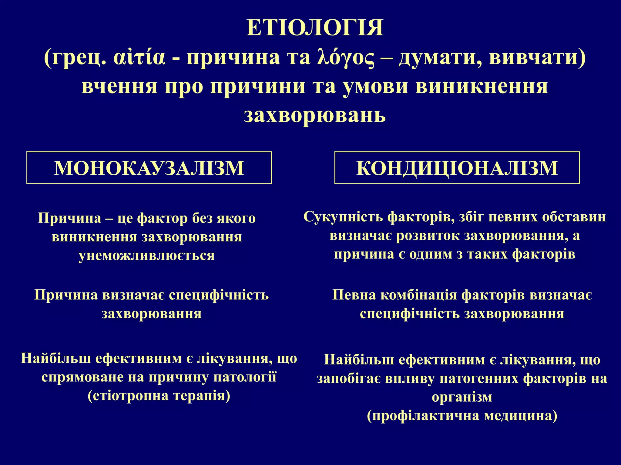ЕТІОЛОГІЯ 
(грец. αἰτία - причина та λόγος – думати, вивчати) 
вчення про причини та умови виникнення 
захворювань 
МОНОКАУЗАЛІЗМ КОНДИЦІОНАЛІЗМ 
Причина – це фактор без якого 
виникнення захворювання 
унеможливлюється 
Причина визначає специфічність 
захворювання 
Найбільш ефективним є лікування, що 
спрямоване на причину патології 
(етіотропна терапія) 
Сукупність факторів, збіг певних обставин 
визначає розвиток захворювання, а 
причина є одним з таких факторів 
Певна комбінація факторів визначає 
специфічність захворювання 
Найбільш ефективним є лікування, що 
запобігає впливу патогенних факторів на 
організм 
(профілактична медицина) 
 
