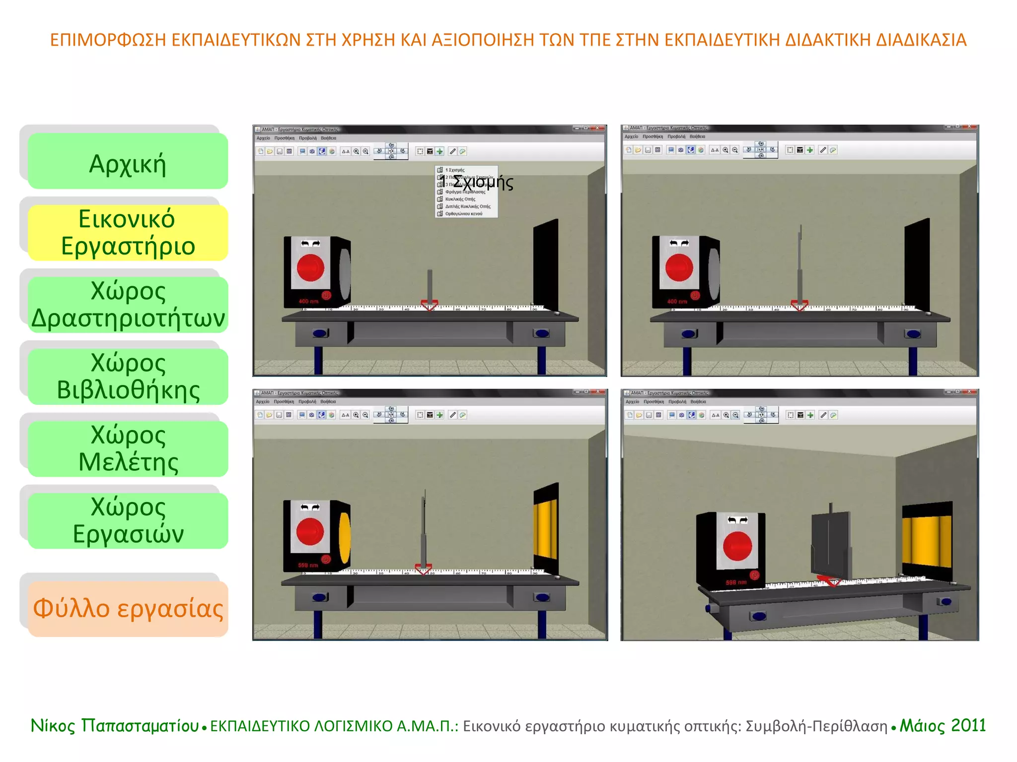 ΕΠΙΜΟΡΦΩΣΗ ΕΚΠΑΙΔΕΥΤΙΚΩΝ ΣΤΗ ΧΡΗΣΗ ΚΑΙ ΑΞΙΟΠΟΙΗΣΗ ΤΩΝ ΤΠΕ ΣΤΗΝ ΕΚΠΑΙΔΕΥΤΙΚΗ ΔΙΔΑΚΤΙΚΗ ΔΙΑΔΙΚΑΣΙΑ Αρχική Εικονικό   Εργαστήριο Χώρος Δραστηριοτήτων Χώρος Βιβλιοθήκης Χώρος Μελέτης Χώρος Εργασιών Φύλλο εργασίας Νίκος Παπασταματίου● ΕΚΠΑΙΔΕΥΤΙΚΟ ΛΟΓΙΣΜΙΚΟ  A.MA. Π.:  Εικονικό εργαστήριο κυματικής οπτικής: Συμβολή-Περίθλαση ●Μάιος 2011 1 Σχισμής 