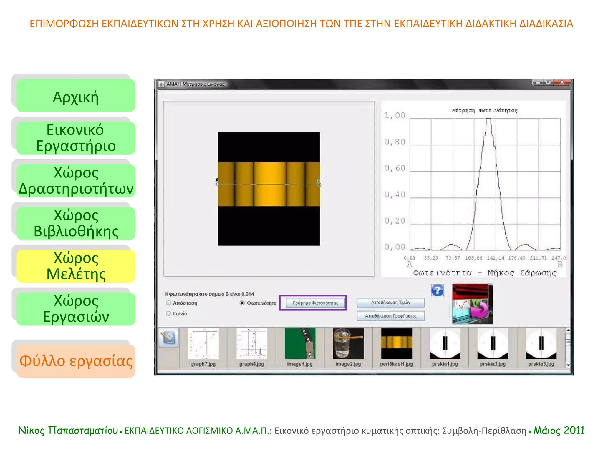 ΕΠΙΜΟΡΦΩΣΗ ΕΚΠΑΙΔΕΥΤΙΚΩΝ ΣΤΗ ΧΡΗΣΗ ΚΑΙ ΑΞΙΟΠΟΙΗΣΗ ΤΩΝ ΤΠΕ ΣΤΗΝ ΕΚΠΑΙΔΕΥΤΙΚΗ ΔΙΔΑΚΤΙΚΗ ΔΙΑΔΙΚΑΣΙΑ Αρχική Εικονικό   Εργαστήριο Χώρος Δραστηριοτήτων Χώρος Βιβλιοθήκης Χώρος Μελέτης Χώρος Εργασιών Φύλλο εργασίας Νίκος Παπασταματίου● ΕΚΠΑΙΔΕΥΤΙΚΟ ΛΟΓΙΣΜΙΚΟ  A.MA. Π.:  Εικονικό εργαστήριο κυματικής οπτικής: Συμβολή-Περίθλαση ●Μάιος 2011 