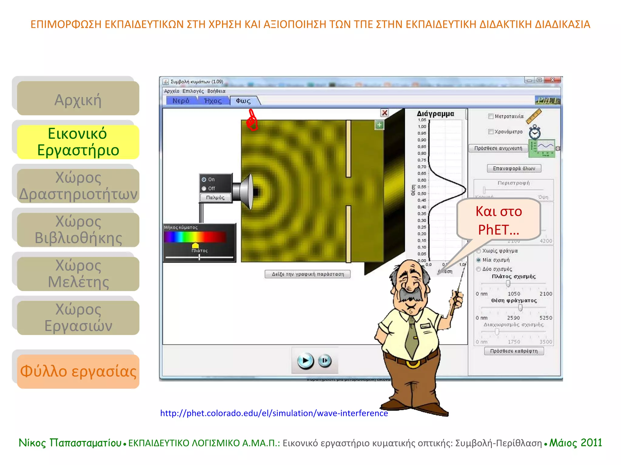 ΕΠΙΜΟΡΦΩΣΗ ΕΚΠΑΙΔΕΥΤΙΚΩΝ ΣΤΗ ΧΡΗΣΗ ΚΑΙ ΑΞΙΟΠΟΙΗΣΗ ΤΩΝ ΤΠΕ ΣΤΗΝ ΕΚΠΑΙΔΕΥΤΙΚΗ ΔΙΔΑΚΤΙΚΗ ΔΙΑΔΙΚΑΣΙΑ Νίκος Παπασταματίου● ΕΚΠΑΙΔΕΥΤΙΚΟ ΛΟΓΙΣΜΙΚΟ  A.MA. Π.:  Εικονικό εργαστήριο κυματικής οπτικής: Συμβολή-Περίθλαση ●Μάιος 2011 Και στο  PhET… Αρχική Εικονικό   Εργαστήριο Χώρος Δραστηριοτήτων Χώρος Βιβλιοθήκης Χώρος Μελέτης Χώρος Εργασιών Φύλλο εργασίας http://phet.colorado.edu/el/simulation/wave-interference  