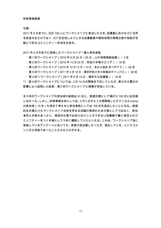 研修事業概要


目標：
2011 年 6 月までに、合計 100 人にワークショップに参加いただき、図書館における ICT 活用
を促進するだけでなく、 を活用しようとする図書館員や関係者間の情報交換や相談が気
           ICT
軽にできるコミュニティー形成を目指す。


2011 年 6 月末までに実施したワークショップ一覧と参加者数
　・第 1 回ワークショップ（2010 年 9 月 24 日～25 日；山中湖情報創造館）／ 3 名
　・第 2 回ワークショップ（2010 年 10 月 24 日；筑波大学春日エリア）／ 18 名
　・第 3 回ワークショップ（2010 年 12 月 12 日～13 日；あわら温泉 まつや千千）／ 26 名
　・第 5 回ワークショップ（2011 年 3 月 19 日；関西学院大学大阪梅田キャンパス）／ 28 名
　・第 4 回*1 ワークショップ（2011 年 6 月 14 日；潮来市立図書館）／ 16 名
*1：第 4 回ワークショップについては、 月 14 日の開催を予定していたが、
                     3                  東日本大震災の
影響により延期した結果、第 5 回ワークショップと順番が前後している。


全 5 回のワークショップの参加者の総数は 91 名と、数値目標として掲げた 100 名には到達
しなかった。しかし、研修事業全体としては、 月 5 日から 3 日間開催したテクニカル Camp
                     3
の参加者（15 名）も含めて考えると参加者数としては 106 名を達成したことになる。数値
的な目標よりもワークショップ自体を単なる知識の習得のための場としてではなく、参加
者同士が教えあったり、普段の仕事では知り合うことができない図書館で働く者同士のコ
ミュニティーをつくる場としてうまく機能していたといえる。これは、ワークショップ後に
実施しているアンケートにおいても、実習内容は難しかったが、満足している、というコメ
ントが大多数であったことからもうかがえる。




                           12
 