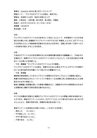 事業名：Code4Lib JAPAN 第 2 回ワークショップ
開催テーマ：「ウェブのログファイルを読む・解析する」
開催地：茨城県つくば市・筑波大学春日エリア
講師：江草由佳、小野永貴、阪口哲男、高久雅生、林賢紀
実施日：2010 年 10 月 24 日（日）10:30～16:30
事業費：136,063 円
参加者数：18 名


目的：
ウェブサイトのログファイルの内容を正しく知ることによって、非来館型サービスの充実
強化を目標とする。図書館のウェブサイトへのアクセスを「来館者」ととらえ、ログファイル
の分析等から正しい来館者数を把握するための方法を学び、自館に持ち帰って実サービス
への反映を可能とすることを目指す。


内容：
午前はログファイルの内容を理解するための基礎知識を解説する講義編とし、午後はそれ
を踏まえて、実際のウェブサイトのログファイルをサンプルとして、その内容の読み方や解
析ツールの使い方を実習した。
・午前：講義編「ウェブサイトのログファイルとその概要」
ウェブサイトのログファイルを読み、理解するために必要な IP アドレスやウェブの通信プ
ロトコル等の基本的な知識について阪口からの講義を行った。
・午後：実習編
講師陣が普段管理しているウェブサイトの実際のログをサンプルとして受講者に配布し、
無償で利用可能なログビューワーソフトや解析ツールを実際に用いる実習を高久による解
説を交えながら実施した。
最後に講義編と実習編を通しての質疑や議論を行い、受講者それぞれの事例等も交えなが
ら受講者者と講師で活発な意見交換がなされた。


成果：
すべての受講者が演習中に実際のウェブサイトのログファイルの閲覧と解析を体感するこ
とができた。事後のアンケートによると、ログファイルについて断片的ではなくまとめて学
ぶことにより、理解が深まる等、受講者の満足度も高かった。


事後アンケートの結果は次の通りである。（18 名中 18 名回答）
・満足した:     15（83%）
・やや満足した: 3（17%）
・やや不満である: 0（0%）
・不満である:     0（0%）



                               15
 