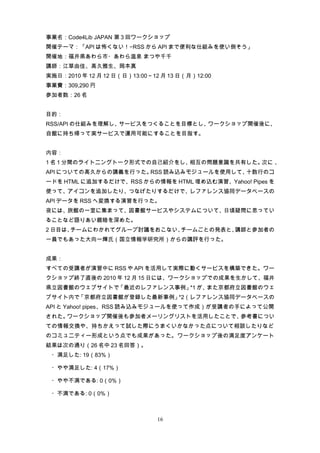 事業名：Code4Lib JAPAN 第 3 回ワークショップ
開催テーマ：「API は怖くない！−RSS から API まで便利な仕組みを使い倒そう」
開催地：福井県あわら市・あわら温泉 まつや千千
講師：江草由佳、高久雅生、岡本真
実施日：2010 年 12 月 12 日（日）13:00～12 月 13 日（月）12:00
事業費：309,290 円
参加者数：26 名


目的：
RSS/API の仕組みを理解し、サービスをつくることを目標とし、ワークショップ開催後に、
自館に持ち帰って実サービスで運用可能にすることを目指す。


内容：
1 名 1 分間のライトニングトーク形式での自己紹介をし、相互の問題意識を共有した。次に 、
API についての高久からの講義を行った。RSS 読み込みモジュールを使用して、十数行のコ
ードを HTML に追加するだけで、RSS からの情報を HTML 埋め込む演習、Yahoo! Pipes を
使って、アイコンを追加したり、つなげたりするだけで、レファレンス協同データベースの
API データを RSS へ変換する演習を行った。
夜には、旅館の一室に集まって、図書館サービスやシステムについて、日頃疑問に思ってい
ることなど語りあい親睦を深めた。
2 日目は、チームにわかれてグループ討議をおこない、チームごとの発表と、講師と参加者の
一員でもあった大向一輝氏（国立情報学研究所）からの講評を行った。


成果：
すべての受講者が演習中に RSS や API を活用して実際に動くサービスを構築できた。ワー
クショップ終了直後の 2010 年 12 月 15 日には、ワークショップでの成果を生かして、福井
県立図書館のウェブサイトで「最近のレファレンス事例」 が、
                          *1 また京都府立図書館のウェ
ブサイト内で「京都府立図書館が登録した最新事例」*2（レファレンス協同データベースの
API と Yahoo! pipes、RSS 読み込みモジュールを使って作成）が受講者の手によって公開
された。ワークショップ開催後も参加者メーリングリストを活用したことで、参考書につい
ての情報交換や、持ちかえって試した際にうまくいかなかった点について相談したりなど
のコミュニティー形成という点でも成果があった。ワークショップ後の満足度アンケート
結果は次の通り（26 名中 23 名回答）。
　・満足した: 19（83%）

　・やや満足した: 4（17%）

　・やや不満である: 0（0%）

　・不満である: 0（0%）



                               16
 