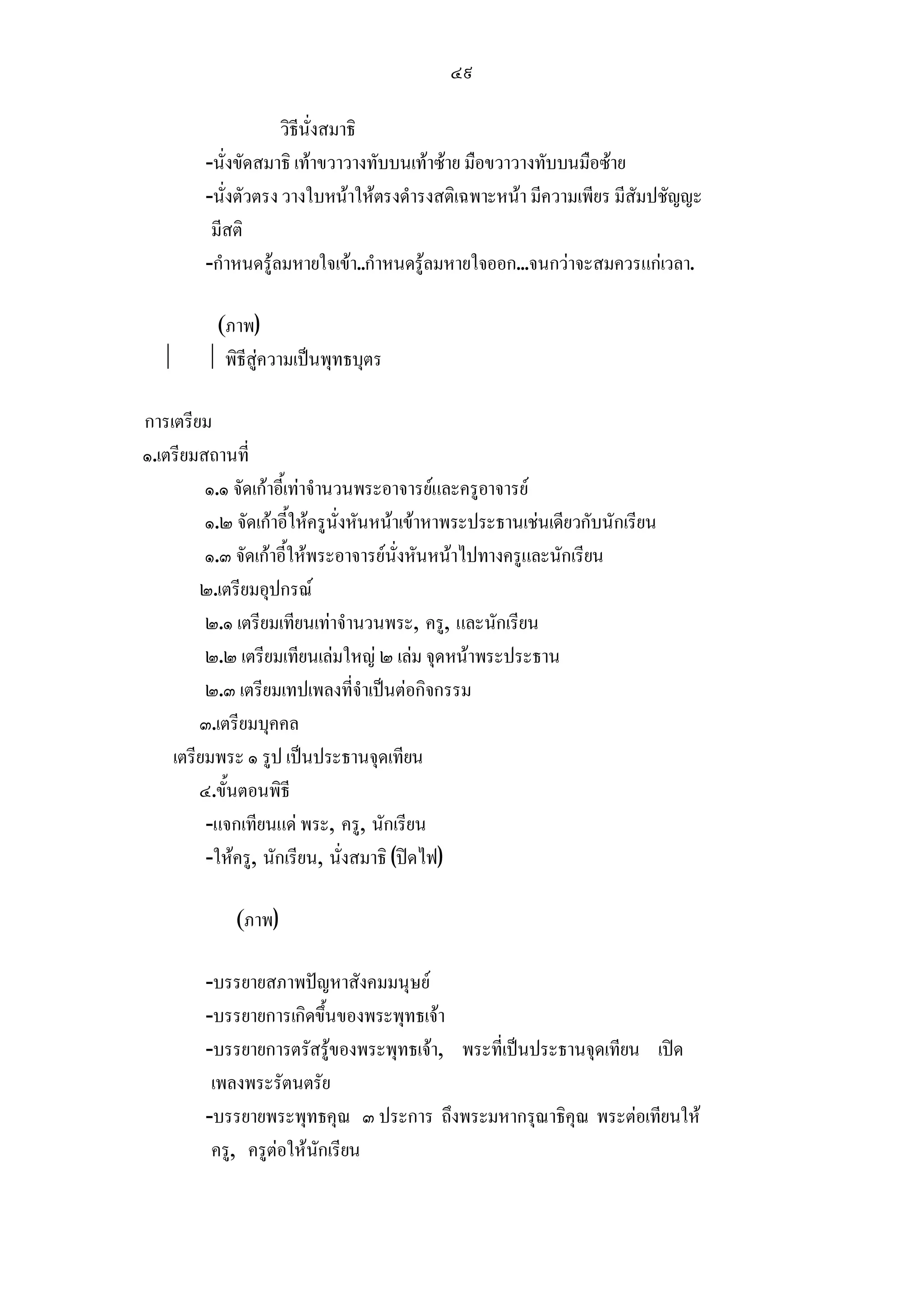 ๔๙

                     วิธีนั่งสมาธิ
         -นั่งขัดสมาธิ เทาขวาวางทับบนเทาซาย มือขวาวางทับบนมือซาย
         -นั่งตัวตรง วางใบหนาใหตรงดํารงสติเฉพาะหนา มีความเพียร มีสัมปชัญญะ
          มีสติ
         -กําหนดรูลมหายใจเขา..กําหนดรูลมหายใจออก...จนกวาจะสมควรแกเวลา.

          (ภาพ)
         พิธีสูความเปนพุทธบุตร

การเตรียม
๑.เตรียมสถานที่
         ๑.๑ จัดเกาอี้เทาจํานวนพระอาจารยและครูอาจารย
         ๑.๒ จัดเกาอี้ใหครูนั่งหันหนาเขาหาพระประธานเชนเดียวกับนักเรียน
         ๑.๓ จัดเกาอี้ใหพระอาจารยนั่งหันหนาไปทางครูและนักเรียน
        ๒.เตรียมอุปกรณ
         ๒.๑ เตรียมเทียนเทาจํานวนพระ, ครู, และนักเรียน
         ๒.๒ เตรียมเทียนเลมใหญ ๒ เลม จุดหนาพระประธาน
         ๒.๓ เตรียมเทปเพลงที่จําเปนตอกิจกรรม
        ๓.เตรียมบุคคล
    เตรียมพระ ๑ รูป เปนประธานจุดเทียน
        ๔.ขั้นตอนพิธี
         -แจกเทียนแด พระ, ครู, นักเรียน
         -ใหครู, นักเรียน, นั่งสมาธิ (ปดไฟ)

             (ภาพ)

         -บรรยายสภาพปญหาสังคมมนุษย
         -บรรยายการเกิดขึ้นของพระพุทธเจา
         -บรรยายการตรัสรูของพระพุทธเจา, พระที่เปนประธานจุดเทียน เปด
          เพลงพระรัตนตรัย
         -บรรยายพระพุทธคุณ ๓ ประการ ถึงพระมหากรุณาธิคุณ พระตอเทียนให
          ครู, ครูตอใหนักเรียน
 