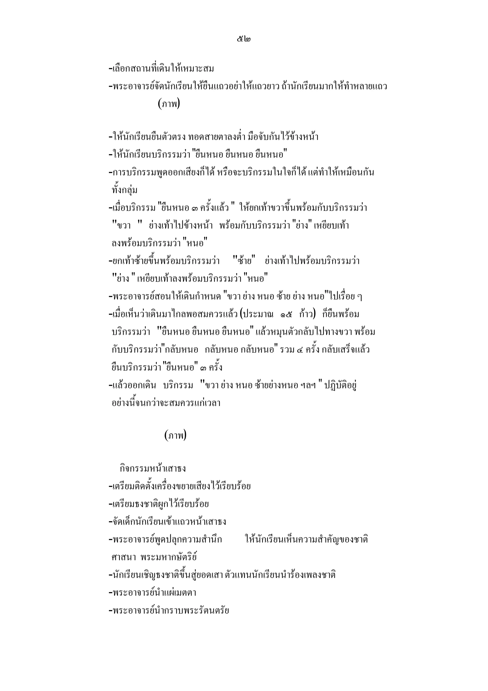 ๕๒

-เลือกสถานที่เดินใหเหมาะสม
-พระอาจารยจัดนักเรียนใหยืนแถวอยาใหแถวยาว ถานักเรียนมากใหทําหลายแถว
             (ภาพ)

-ใหนักเรียนยืนตัวตรง ทอดสายตาลงต่ํา มือจับกันไวขางหนา
-ใหนักเรียนบริกรรมวา ยืนหนอ ยืนหนอ ยืนหนอ
-การบริกรรมพูดออกเสียงก็ได หรือจะบริกรรมในใจก็ได แตทําใหเหมือนกัน
 ทั้งกลุม
-เมื่อบริกรรม ยืนหนอ ๓ ครั้งแลว  ใหยกเทาขวาขึ้นพรอมกับบริกรรมวา
 ขวา  ยางเทาไปขางหนา พรอมกับบริกรรมวา ยาง เหยียบเทา
 ลงพรอมบริกรรมวา หนอ
-ยกเทาซายขึ้นพรอมบริกรรมวา ซาย ยางเทาไปพรอมบริกรรมวา
 ยาง  เหยียบเทาลงพรอมบริกรรมวา หนอ
-พระอาจารยสอนใหเดินกําหนด ขวา ยาง หนอ ซาย ยาง หนอไปเรื่อย ๆ
-เมื่อเห็นวาเดินมาไกลพอสมควรแลว (ประมาณ ๑๕ กาว) ก็ยืนพรอม
 บริกรรมวา ยืนหนอ ยืนหนอ ยืนหนอ แลวหมุนตัวกลับไปทางขวา พรอม
 กับบริกรรมวากลับหนอ กลับหนอ กลับหนอ รวม ๔ ครั้ง กลับเสร็จแลว
 ยืนบริกรรมวา ยืนหนอ ๓ ครั้ง
-แลวออกเดิน บริกรรม ขวา ยาง หนอ ซายยางหนอ ฯลฯ  ปฏิบัติอยู
 อยางนี้จนกวาจะสมควรแกเวลา

               (ภาพ)

   กิจกรรมหนาเสาธง
-เตรียมติดตั้งเครื่องขยายเสียงไวเรียบรอย
-เตรียมธงชาติผูกไวเรียบรอย
-จัดเด็กนักเรียนเขาแถวหนาเสาธง
-พระอาจารยพูดปลุกความสํานึก             ใหนักเรียนเห็นความสําคัญของชาติ
 ศาสนา พระมหากษัตริย
-นักเรียนเชิญธงชาติขึ้นสูยอดเสา ตัวแทนนักเรียนนํารองเพลงชาติ
-พระอาจารยนําแผเมตตา
-พระอาจารยนํากราบพระรัตนตรัย
 