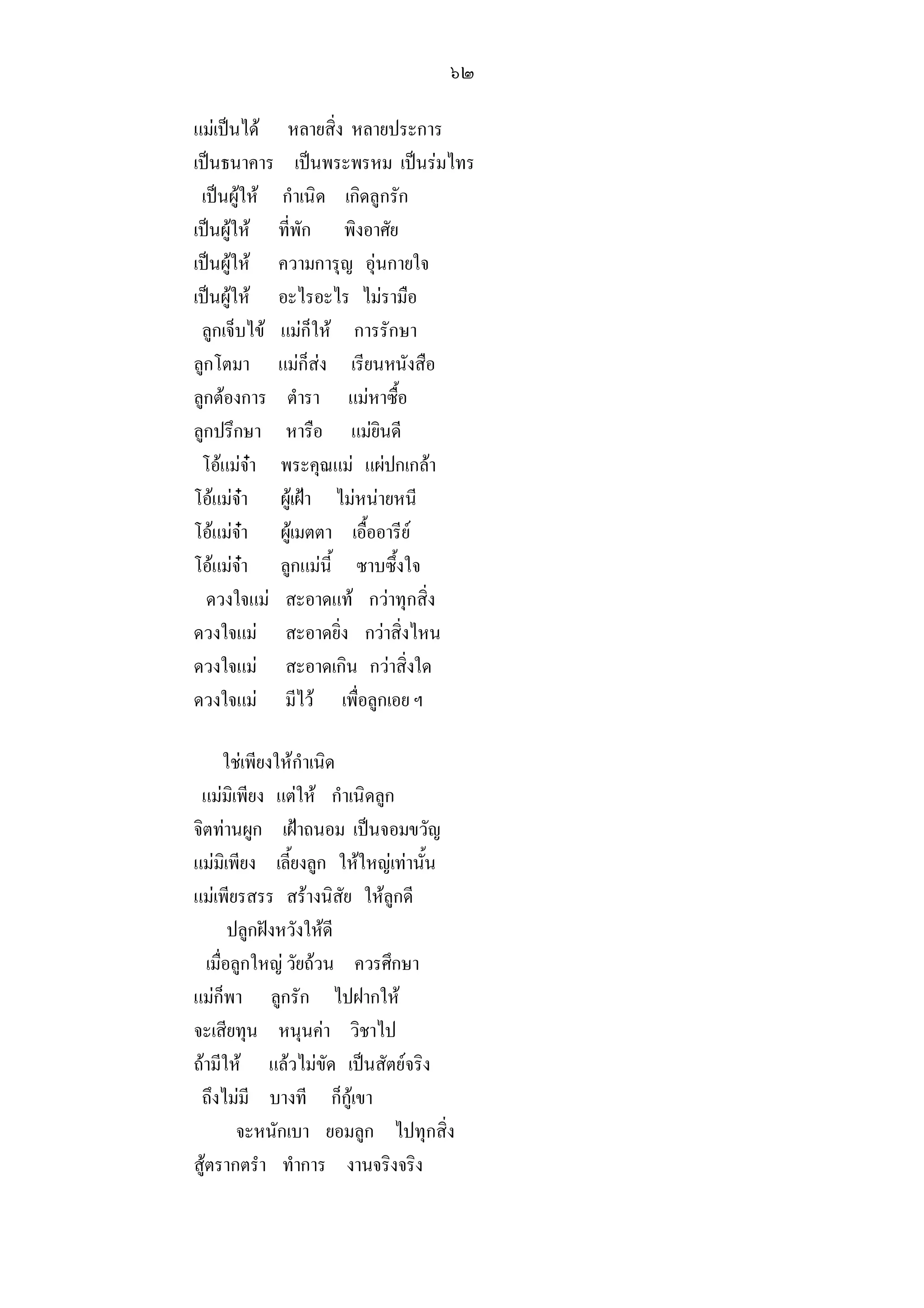๖๒

แมเปนได หลายสิ่ง หลายประการ
เปนธนาคาร เปนพระพรหม เปนรมไทร
 เปนผูให กําเนิด เกิดลูกรัก
เปนผูให ที่พัก พิงอาศัย
เปนผูให ความการุญ อุนกายใจ
เปนผูให อะไรอะไร ไมรามือ
 ลูกเจ็บไข แมก็ให การรักษา
ลูกโตมา แมก็สง เรียนหนังสือ
ลูกตองการ ตํารา แมหาซื้อ
ลูกปรึกษา หารือ แมยินดี
 โอแมจา พระคุณแม แผปกเกลา
โอแมจา ผูเฝา ไมหนายหนี
โอแมจา ผูเมตตา เอื้ออารีย
โอแมจา ลูกแมนี้ ซาบซึ้งใจ
  ดวงใจแม สะอาดแท กวาทุกสิ่ง
ดวงใจแม สะอาดยิ่ง กวาสิ่งไหน
ดวงใจแม สะอาดเกิน กวาสิ่งใด
ดวงใจแม มีไว เพื่อลูกเอย ฯ

       ใชเพียงใหกําเนิด
 แมมิเพียง แตให กําเนิดลูก
จิตทานผูก เฝาถนอม เปนจอมขวัญ
แมมิเพียง เลี้ยงลูก ใหใหญเทานั้น
แมเพียรสรร สรางนิสัย ใหลูกดี
        ปลูกฝงหวังใหดี
   เมื่อลูกใหญ วัยถวน ควรศึกษา
แมก็พา ลูกรัก ไปฝากให
จะเสียทุน หนุนคา วิชาไป
ถามีให แลวไมขัด เปนสัตยจริง
 ถึงไมมี บางที ก็กูเขา
         จะหนักเบา ยอมลูก ไปทุกสิ่ง
สูตรากตรํา ทําการ งานจริงจริง
 