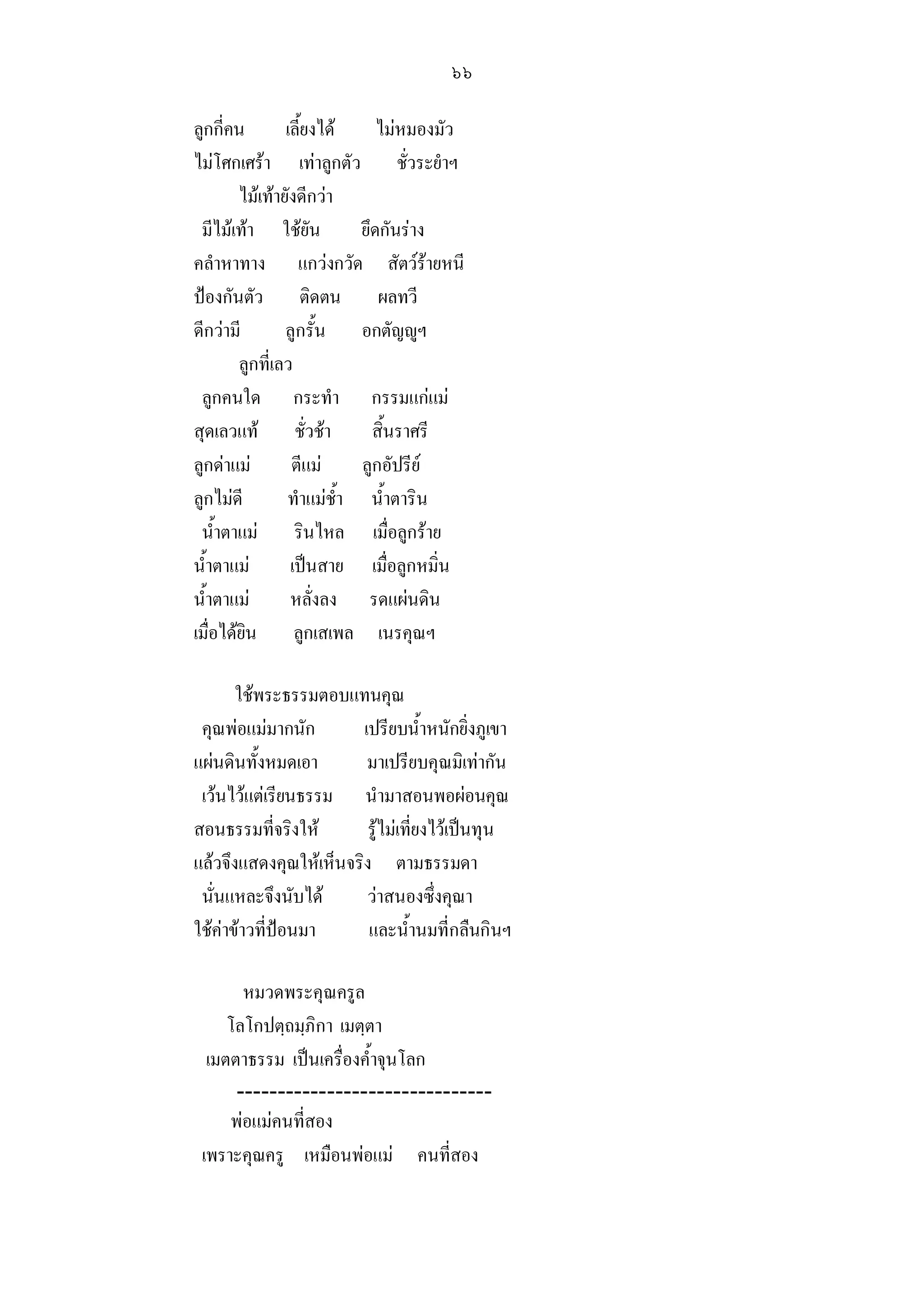 ๖๖

ลูกกี่คน        เลี้ยงได     ไมหมองมัว
ไมโศกเศรา เทาลูกตัว ชั่วระยําฯ
        ไมเทายังดีกวา
 มีไมเทา ใชยัน          ยึดกันราง
คลําหาทาง แกวงกวัด สัตวรายหนี
ปองกันตัว ติดตน ผลทวี
ดีกวามี        ลูกรั้น อกตัญูฯ
        ลูกที่เลว
 ลูกคนใด กระทํา กรรมแกแม
สุดเลวแท ชั่วชา            สิ้นราศรี
ลูกดาแม        ตีแม     ลูกอัปรีย
ลูกไมดี        ทําแมช้ํา น้ําตาริน
 น้ําตาแม รินไหล เมื่อลูกราย
น้ําตาแม        เปนสาย เมื่อลูกหมิ่น
น้ําตาแม        หลั่งลง รดแผนดิน
เมื่อไดยิน ลูกเสเพล เนรคุณฯ

       ใชพระธรรมตอบแทนคุณ
 คุณพอแมมากนัก        เปรียบน้ําหนักยิ่งภูเขา
แผนดินทั้งหมดเอา        มาเปรียบคุณมิเทากัน
 เวนไวแตเรียนธรรม นํามาสอนพอผอนคุณ
สอนธรรมที่จริงให        รูไมเที่ยงไวเปนทุน
แลวจึงแสดงคุณใหเห็นจริง ตามธรรมดา
 นั่นแหละจึงนับได       วาสนองซึ่งคุณา
ใชคาขาวที่ปอนมา      และน้ํานมที่กลืนกินฯ

       หมวดพระคุณครูล
     โลโกปตฺถมฺภิกา เมตฺตา
  เมตตาธรรม เปนเครื่องค้ําจุนโลก
      -------------------------------
     พอแมคนที่สอง
 เพราะคุณครู เหมือนพอแม คนที่สอง
 