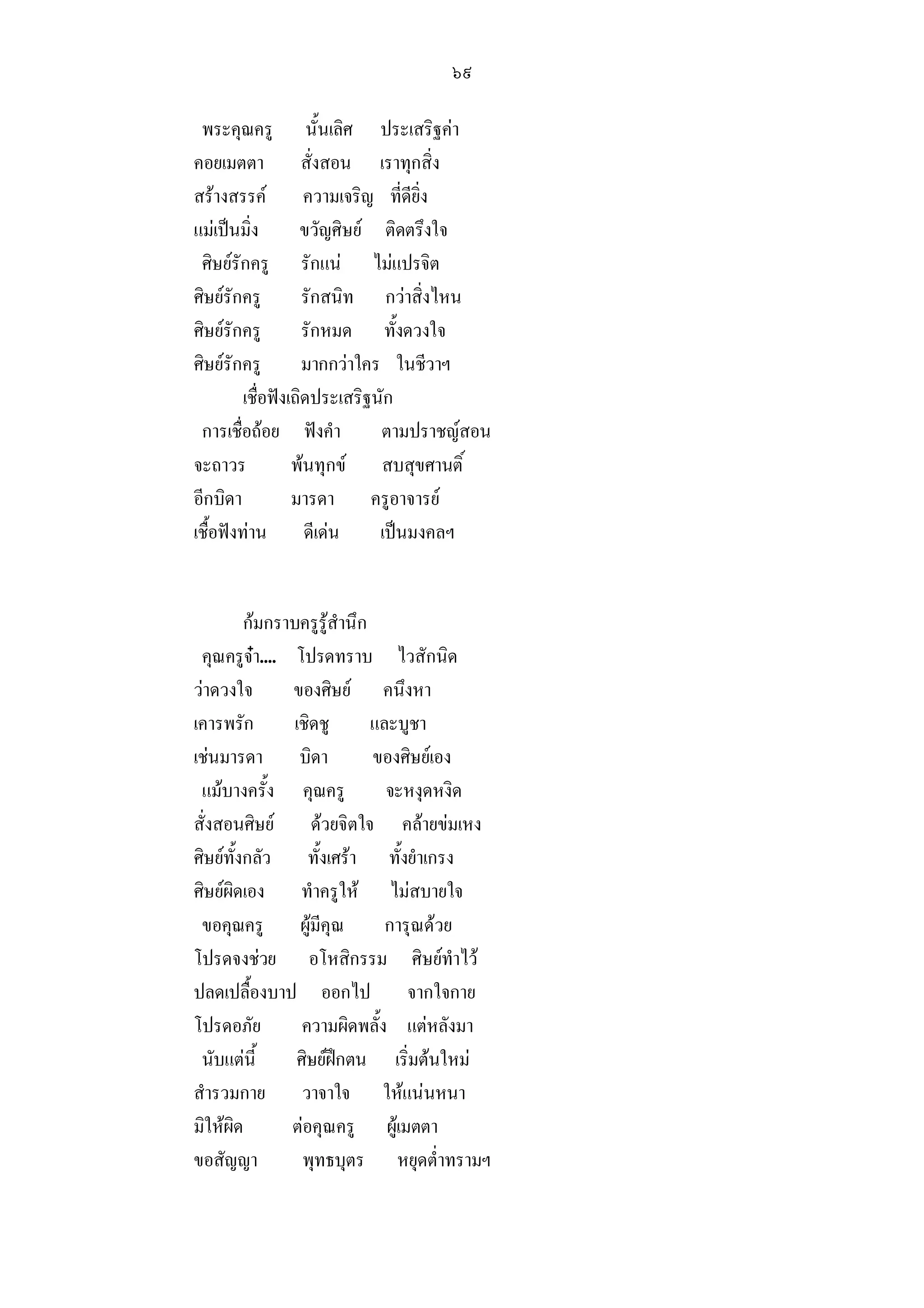 ๖๙

 พระคุณครู นั้นเลิศ ประเสริฐคา
คอยเมตตา สั่งสอน เราทุกสิ่ง
สรางสรรค ความเจริญ ที่ดียิ่ง
แมเปนมิ่ง        ขวัญศิษย ติดตรึงใจ
 ศิษยรักครู รักแน ไมแปรจิต
ศิษยรักครู         รักสนิท กวาสิ่งไหน
ศิษยรักครู         รักหมด ทั้งดวงใจ
ศิษยรักครู         มากกวาใคร ในชีวาฯ
         เชื่อฟงเถิดประเสริฐนัก
 การเชื่อถอย ฟงคํา          ตามปราชญสอน
จะถาวร            พนทุกข สบสุขศานติ์
อีกบิดา           มารดา ครูอาจารย
เชื้อฟงทาน ดีเดน           เปนมงคลฯ


         กมกราบครูรูสํานึก
 คุณครูจา.... โปรดทราบ ไวสักนิด
วาดวงใจ       ของศิษย คนึงหา
เคารพรัก        เชิดชู       และบูชา
เชนมารดา บิดา               ของศิษยเอง
 แมบางครั้ง คุณครู            จะหงุดหงิด
สั่งสอนศิษย ดวยจิตใจ คลายขมเหง
ศิษยทั้งกลัว ทั้งเศรา ทั้งยําเกรง
ศิษยผิดเอง ทําครูให ไมสบายใจ
 ขอคุณครู ผูมีคุณ             การุณดวย
โปรดจงชวย อโหสิกรรม ศิษยทําไว
ปลดเปลื้องบาป ออกไป จากใจกาย
โปรดอภัย         ความผิดพลั้ง แตหลังมา
 นับแตนี้      ศิษยฝกตน เริ่มตนใหม
สํารวมกาย วาจาใจ ใหแนนหนา
มิใหผิด       ตอคุณครู ผูเมตตา
ขอสัญญา          พุทธบุตร หยุดต่ําทรามฯ
 