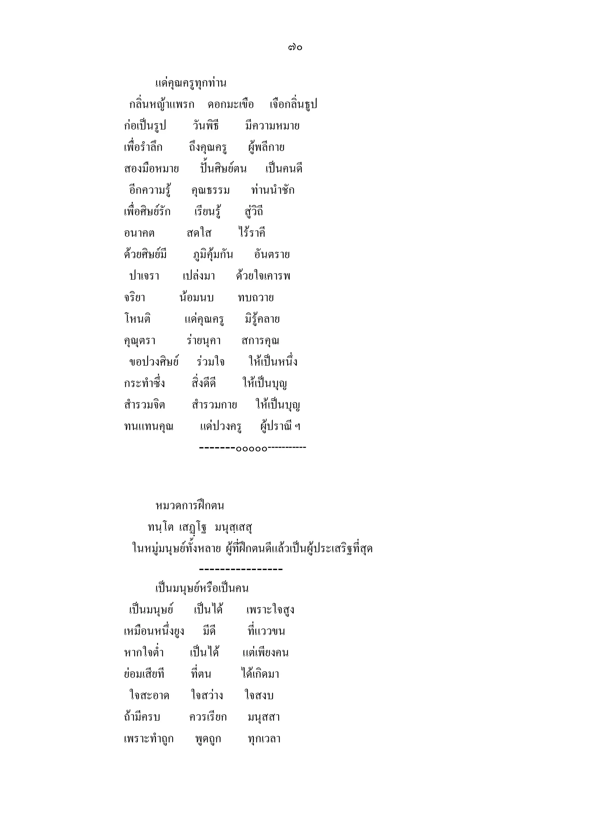 ๗๐

         แดคุณครูทุกทาน
 กลิ่นหญาแพรก ดอกมะเขือ เจือกลิ่นธูป
กอเปนรูป         วันพิธี      มีความหมาย
เพื่อรําลึก      ถึงคุณครู ผูพลีกาย
สองมือหมาย ปนศิษยตน เปนคนดี
 อีกความรู คุณธรรม ทานนําชัก
เพื่อศิษยรัก เรียนรู สูวิถี
อนาคต           สดใส          ไรราคี
ดวยศิษยมี        ภูมิคุมกัน อันตราย
 ปาเจรา เปลงมา ดวยใจเคารพ
จริยา          นอมนบ ทบถวาย
โหนติ           แดคุณครู มิรูคลาย
คุณุตรา          รายนุคา สการคุณ
 ขอปวงศิษย รวมใจ ใหเปนหนึ่ง
กระทําซึ่ง        สิ่งดีดี     ใหเปนบุญ
สํารวมจิต         สํารวมกาย ใหเปนบุญ
ทนแทนคุณ             แดปวงครู ผูปราณี ฯ
                     -------๐๐๐๐๐-----------


        หมวดการฝกตน
      ทนฺโต เสฏโฐ มนุสฺเสสุ
  ในหมูมนุษยทั้งหลาย ผูที่ฝกตนดีแลวเปนผูประเสริฐที่สุด
                   ----------------
        เปนมนุษยหรือเปนคน
 เปนมนุษย เปนได เพราะใจสูง
เหมือนหนึ่งยูง มีดี            ที่แววขน
หากใจต่ํา      เปนได แตเพียงคน
ยอมเสียที      ที่ตน        ไดเกิดมา
 ใจสะอาด ใจสวาง ใจสงบ
ถามีครบ       ควรเรียก มนุสสา
เพราะทําถูก พูดถูก             ทุกเวลา
 
