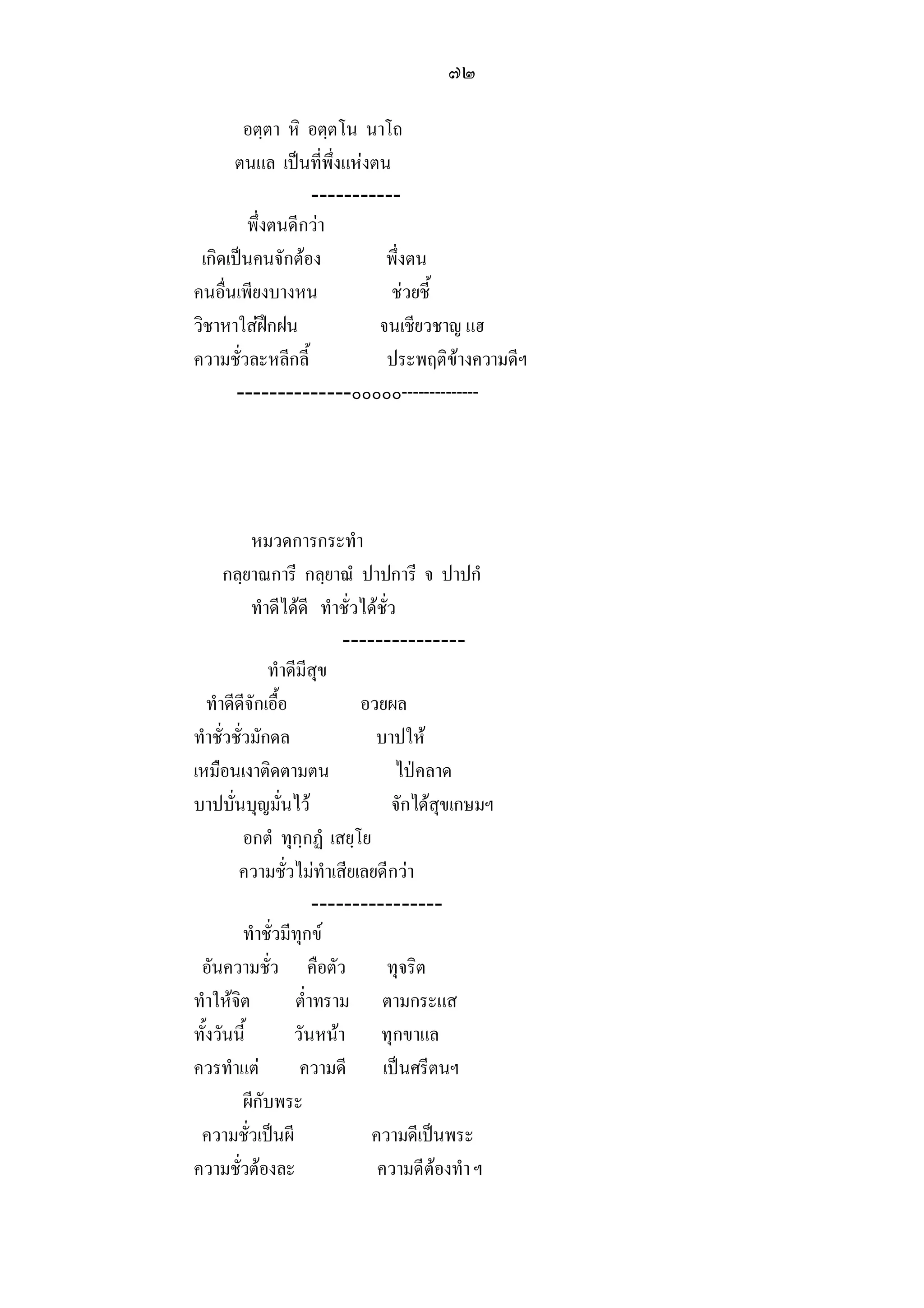 ๗๒

        อตฺตา หิ อตฺตโน นาโถ
      ตนแล เปนที่พึ่งแหงตน
                  -----------
        พึ่งตนดีกวา
 เกิดเปนคนจักตอง          พึ่งตน
คนอื่นเพียงบางหน             ชวยชี้
วิชาหาใสฝกฝน             จนเชียวชาญ แฮ
ความชั่วละหลีกลี้           ประพฤติขางความดีฯ
       --------------๐๐๐๐๐--------------




           หมวดการกระทํา
      กลฺยาณการี กลฺยาณํ ปาปการี จ ปาปกํ
           ทําดีไดดี ทําชั่วไดชั่ว
                           ---------------
              ทําดีมีสุข
   ทําดีดีจักเอื้อ           อวยผล
ทําชั่วชั่วมักดล               บาปให
เหมือนเงาติดตามตน                   ไปคลาด
บาปบั่นบุญมั่นไว                   จักไดสุขเกษมฯ
          อกตํ ทุกฺกฏํ เสยฺโย
        ความชั่วไมทําเสียเลยดีกวา
                       ----------------
          ทําชั่วมีทุกข
 อันความชั่ว คือตัว              ทุจริต
ทําใหจิต          ต่ําทราม ตามกระแส
ทั้งวันนี้         วันหนา ทุกขาแล
ควรทําแต           ความดี เปนศรีตนฯ
          ผีกับพระ
 ความชั่วเปนผี                ความดีเปนพระ
ความชั่วตองละ                  ความดีตองทํา ฯ
 