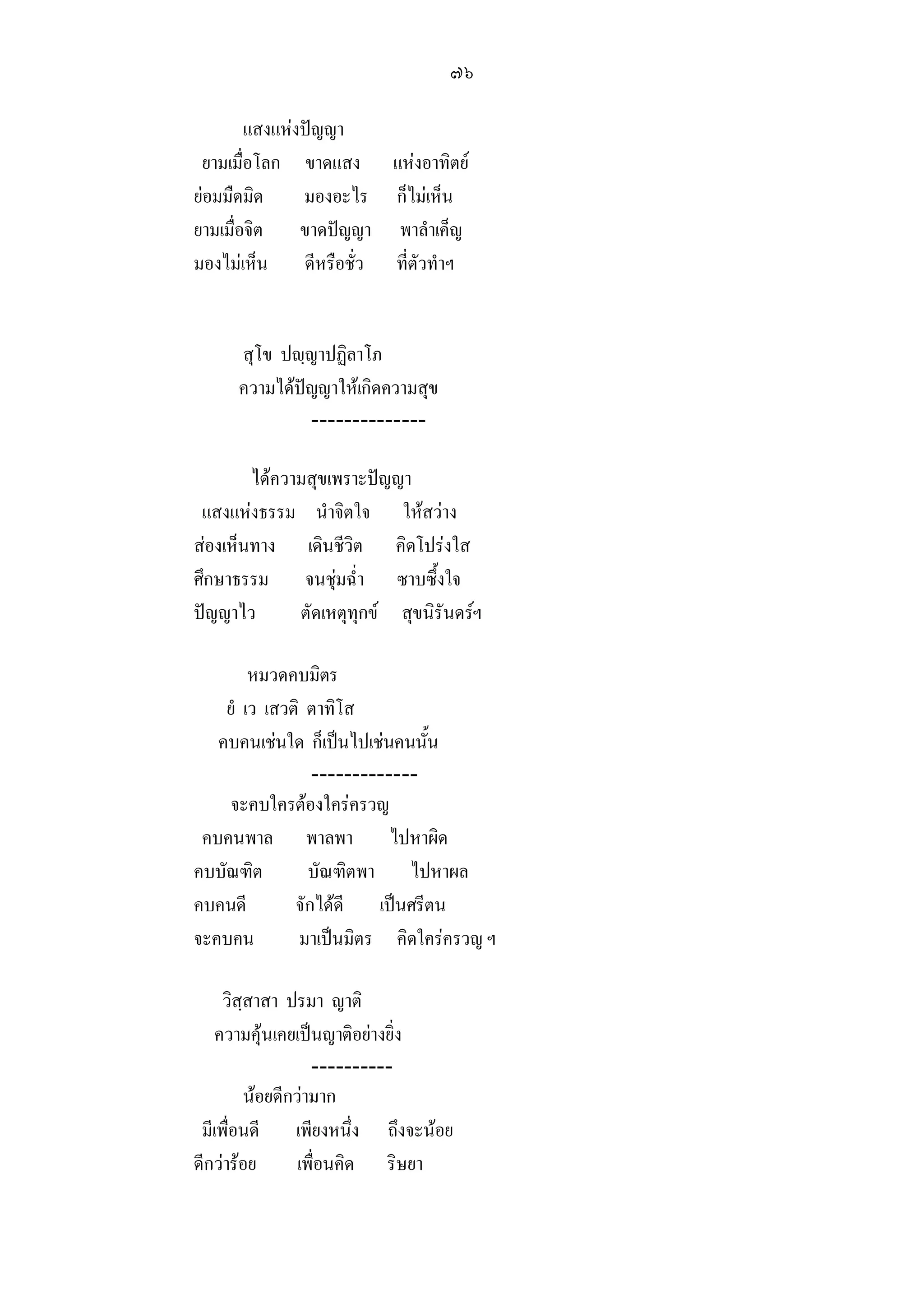 ๗๖

        แสงแหงปญญา
 ยามเมื่อโลก ขาดแสง แหงอาทิตย
ยอมมืดมิด     มองอะไร ก็ไมเห็น
ยามเมื่อจิต ขาดปญญา พาลําเค็ญ
มองไมเห็น ดีหรือชั่ว ที่ตัวทําฯ


      สุโข ปฺญาปฏิลาโภ
      ความไดปญญาใหเกิดความสุข
               --------------

        ไดความสุขเพราะปญญา
 แสงแหงธรรม นําจิตใจ ใหสวาง
สองเห็นทาง เดินชีวิต คิดโปรงใส
ศึกษาธรรม จนชุมฉ่ํา ซาบซึ้งใจ
ปญญาไว       ตัดเหตุทุกข สุขนิรันดรฯ

        หมวดคบมิตร
    ยํ เว เสวติ ตาทิโส
   คบคนเชนใด ก็เปนไปเชนคนนั้น
                 -------------
    จะคบใครตองใครครวญ
 คบคนพาล พาลพา ไปหาผิด
คบบัณฑิต        บัณฑิตพา ไปหาผล
คบคนดี        จักไดดี เปนศรีตน
จะคบคน         มาเปนมิตร คิดใครครวญ ฯ

     วิสฺสาสา ปรมา ญาติ
   ความคุนเคยเปนญาติอยางยิ่ง
                   ----------
         นอยดีกวามาก
 มีเพื่อนดี เพียงหนึ่ง ถึงจะนอย
ดีกวารอย       เพื่อนคิด ริษยา
 