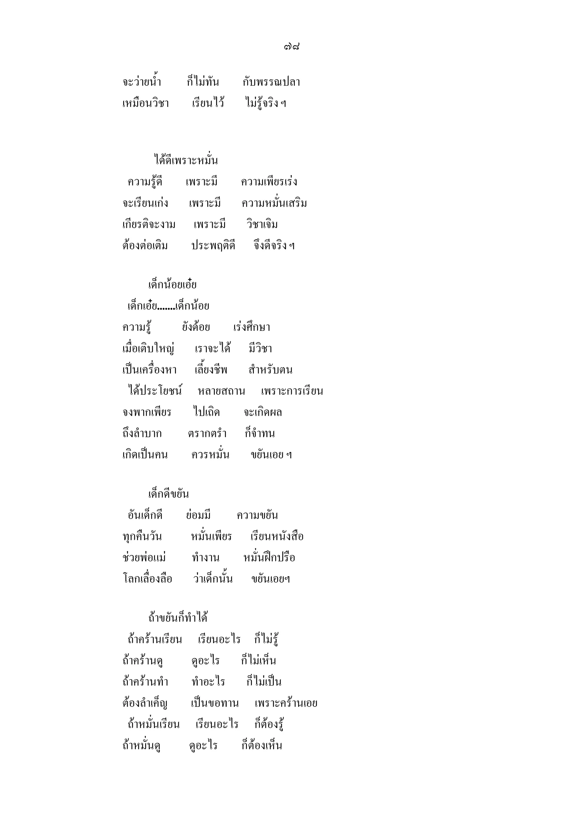 ๗๘

จะวายน้ํา    ก็ไมทัน    กับพรรณปลา
เหมือนวิชา     เรียนไว   ไมรูจริง ฯ


        ไดดีเพราะหมั่น
 ความรูดี เพราะมี ความเพียรเรง
จะเรียนเกง เพราะมี ความหมันเสริม
                              ่
เกียรติจะงาม เพราะมี วิชาเจิม
ตองตอเติม ประพฤติดี จึงดีจริง ฯ

        เด็กนอยเอย
 เด็กเอย.......เด็กนอย
ความรู           ยังดอย เรงศึกษา
เมื่อเติบใหญ เราจะได มีวิชา
เปนเครื่องหา เลี้ยงชีพ สําหรับตน
 ไดประโยชน หลายสถาน เพราะการเรียน
จงพากเพียร ไปเถิด จะเกิดผล
ถึงลําบาก           ตรากตรํา ก็จําทน
เกิดเปนคน ควรหมั่น ขยันเอย ฯ

      เด็กดีขยัน
 อันเด็กดี ยอมมี          ความขยัน
ทุกคืนวัน        หมั่นเพียร เรียนหนังสือ
ชวยพอแม       ทํางาน หมั่นฝกปรือ
โลกเลื่องลือ วาเด็กนั้น ขยันเอยฯ

       ถาขยันก็ทําได
 ถาครานเรียน เรียนอะไร ก็ไมรู
ถาครานดู        ดูอะไร ก็ไมเห็น
ถาครานทํา ทําอะไร ก็ไมเปน
ตองลําเค็ญ เปนขอทาน เพราะครานเอย
 ถาหมั่นเรียน เรียนอะไร ก็ตองรู
ถาหมั่นดู       ดูอะไร ก็ตองเห็น
 
