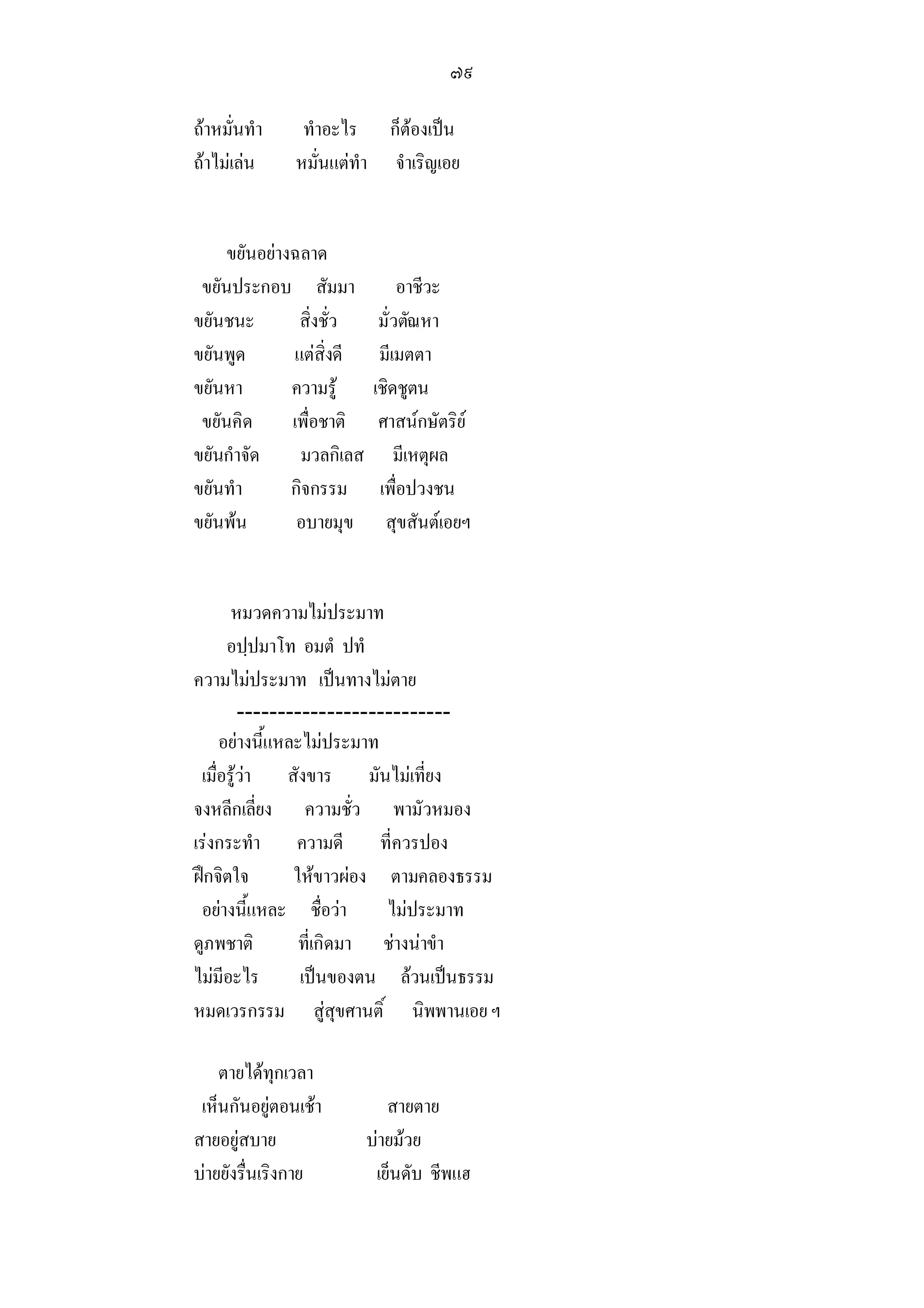 ๗๙

ถาหมั่นทํา    ทําอะไร ก็ตองเปน
ถาไมเลน    หมั่นแตทํา จําเริญเอย


     ขยันอยางฉลาด
 ขยันประกอบ สัมมา              อาชีวะ
ขยันชนะ        สิ่งชั่ว    มั่วตัณหา
ขยันพูด       แตสิ่งดี    มีเมตตา
ขยันหา        ความรู     เชิดชูตน
 ขยันคิด      เพื่อชาติ    ศาสนกษัตริย
ขยันกําจัด     มวลกิเลส       มีเหตุผล
ขยันทํา       กิจกรรม      เพื่อปวงชน
ขยันพน        อบายมุข      สุขสันตเอยฯ


       หมวดความไมประมาท
      อปฺปมาโท อมตํ ปทํ
ความไมประมาท เปนทางไมตาย
         --------------------------
     อยางนี้แหละไมประมาท
 เมื่อรูวา สังขาร มันไมเที่ยง
จงหลีกเลี่ยง ความชั่ว พามัวหมอง
เรงกระทํา ความดี ที่ควรปอง
ฝกจิตใจ        ใหขาวผอง ตามคลองธรรม
 อยางนี้แหละ ชื่อวา      ไมประมาท
ดูภพชาติ         ที่เกิดมา ชางนาขํา
ไมมีอะไร        เปนของตน ลวนเปนธรรม
หมดเวรกรรม สูสุขศานติ์ นิพพานเอย ฯ

    ตายไดทุกเวลา
 เห็นกันอยูตอนเชา
                            สายตาย
สายอยูสบาย               บายมวย
บายยังรื่นเริงกาย         เย็นดับ ชีพแฮ
 