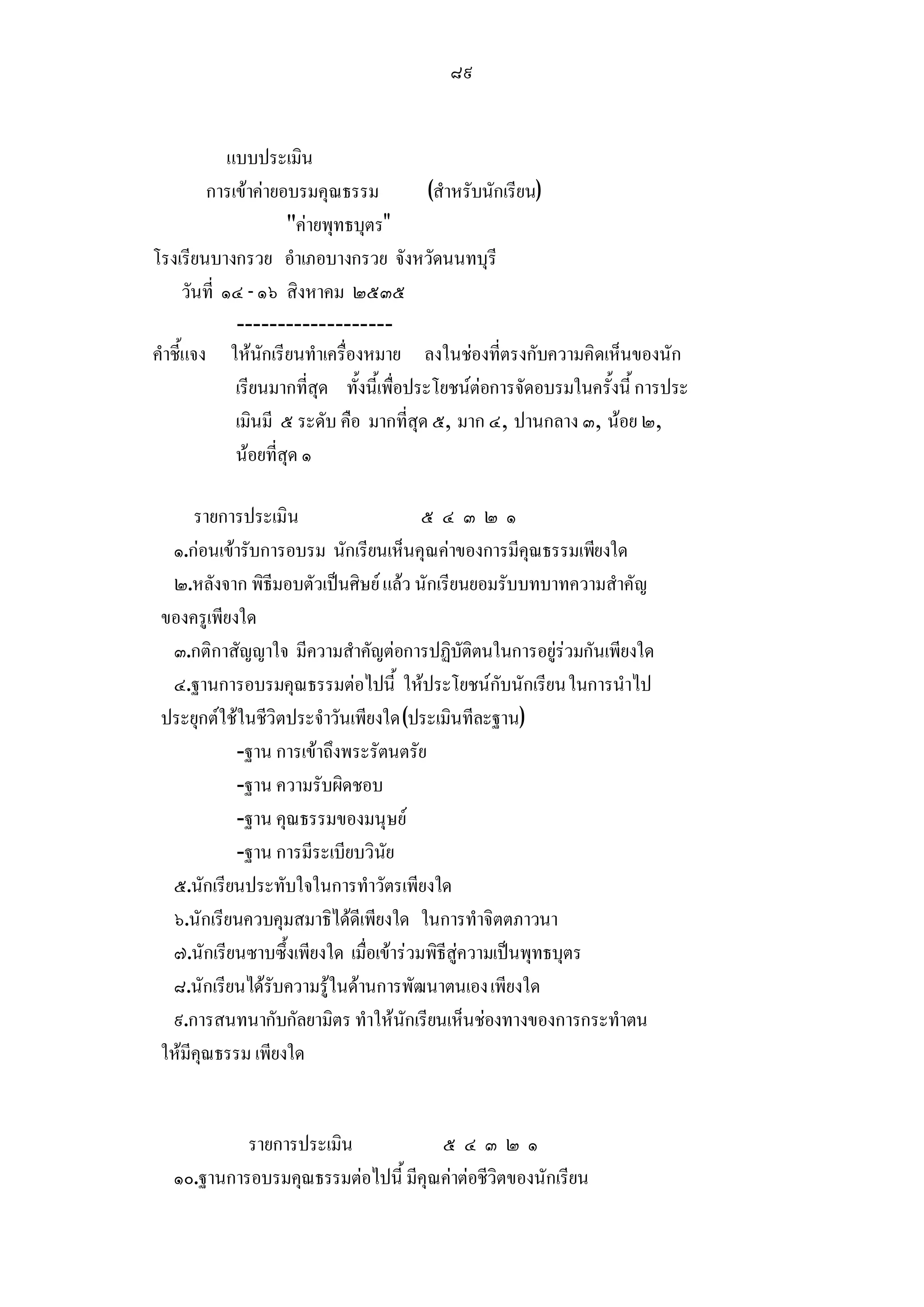 ๘๙


              แบบประเมิน
         การเขาคายอบรมคุณธรรม              (สําหรับนักเรียน)
                       คายพุทธบุตร
โรงเรียนบางกรวย อําเภอบางกรวย จังหวัดนนทบุรี
      วันที่ ๑๔ - ๑๖ สิงหาคม ๒๕๓๕
               -------------------
คําชี้แจง ใหนักเรียนทําเครื่องหมาย ลงในชองที่ตรงกับความคิดเห็นของนัก
               เรียนมากที่สุด ทั้งนี้เพื่อประโยชนตอการจัดอบรมในครั้งนี้ การประ
               เมินมี ๕ ระดับ คือ มากที่สุด ๕, มาก ๔, ปานกลาง ๓, นอย ๒,
               นอยที่สุด ๑

      รายการประเมิน                     ๕๔๓๒๑
  ๑.กอนเขารับการอบรม นักเรียนเห็นคุณคาของการมีคุณธรรมเพียงใด
  ๒.หลังจาก พิธีมอบตัวเปนศิษย แลว นักเรียนยอมรับบทบาทความสําคัญ
 ของครูเพียงใด
  ๓.กติกาสัญญาใจ มีความสําคัญตอการปฏิบัติตนในการอยูรวมกันเพียงใด
  ๔.ฐานการอบรมคุณธรรมตอไปนี้ ใหประโยชนกับนักเรียน ในการนําไป
 ประยุกตใชในชีวิตประจําวันเพียงใด (ประเมินทีละฐาน)
            -ฐาน การเขาถึงพระรัตนตรัย
            -ฐาน ความรับผิดชอบ
            -ฐาน คุณธรรมของมนุษย
            -ฐาน การมีระเบียบวินัย
  ๕.นักเรียนประทับใจในการทําวัตรเพียงใด
  ๖.นักเรียนควบคุมสมาธิไดดีเพียงใด ในการทําจิตตภาวนา
  ๗.นักเรียนซาบซึ้งเพียงใด เมื่อเขารวมพิธีสูความเปนพุทธบุตร
  ๘.นักเรียนไดรับความรูในดานการพัฒนาตนเอง เพียงใด
  ๙.การสนทนากับกัลยามิตร ทําใหนักเรียนเห็นชองทางของการกระทําตน
 ใหมีคุณธรรม เพียงใด


            รายการประเมิน            ๕๔๓๒๑
   ๑๐.ฐานการอบรมคุณธรรมตอไปนี้ มีคุณคาตอชีวิตของนักเรียน
 