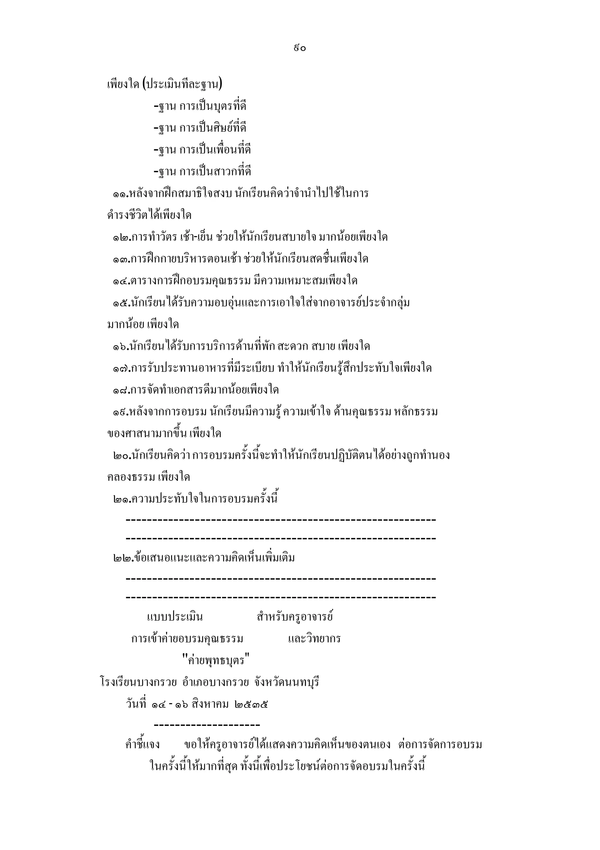 ๙๐

 เพียงใด (ประเมินทีละฐาน)
              -ฐาน การเปนบุตรที่ดี
              -ฐาน การเปนศิษยที่ดี
              -ฐาน การเปนเพื่อนที่ดี
              -ฐาน การเปนสาวกที่ดี
   ๑๑.หลังจากฝกสมาธิใจสงบ นักเรียนคิดวาจํานําไปใชในการ
 ดํารงชีวิตไดเพียงใด
   ๑๒.การทําวัตร เชา-เย็น ชวยใหนักเรียนสบายใจ มากนอยเพียงใด
   ๑๓.การฝกกายบริหารตอนเชา ชวยใหนักเรียนสดชื่นเพียงใด
   ๑๔.ตารางการฝกอบรมคุณธรรม มีความเหมาะสมเพียงใด
   ๑๕.นักเรียนไดรับความอบอุนและการเอาใจใสจากอาจารยประจํากลุม
 มากนอย เพียงใด
   ๑๖.นักเรียนไดรับการบริการดานที่พัก สะดวก สบาย เพียงใด
   ๑๗.การรับประทานอาหารที่มีระเบียบ ทําใหนักเรียนรูสึกประทับใจเพียงใด
   ๑๘.การจัดทําเอกสารดีมากนอยเพียงใด
   ๑๙.หลังจากการอบรม นักเรียนมีความรู ความเขาใจ ดานคุณธรรม หลักธรรม
 ของศาสนามากขึ้น เพียงใด
   ๒๐.นักเรียนคิดวา การอบรมครั้งนี้จะทําใหนักเรียนปฏิบัติตนไดอยางถูกทํานอง
 คลองธรรม เพียงใด
   ๒๑.ความประทับใจในการอบรมครั้งนี้
      ----------------------------------------------------------
      ----------------------------------------------------------
   ๒๒.ขอเสนอแนะและความคิดเห็นเพิ่มเติม
      ----------------------------------------------------------
      ----------------------------------------------------------
             แบบประเมิน                  สําหรับครูอาจารย
       การเขาคายอบรมคุณธรรม                     และวิทยากร
                    คายพุทธบุตร
โรงเรียนบางกรวย อําเภอบางกรวย จังหวัดนนทบุรี
      วันที่ ๑๔ - ๑๖ สิงหาคม ๒๕๓๕
              --------------------
      คําชี้แจง ขอใหครูอาจารยไดแสดงความคิดเห็นของตนเอง ตอการจัดการอบรม
             ในครั้งนี้ใหมากที่สุด ทั้งนี้เพื่อประโยชนตอการจัดอบรมในครั้งนี้
 