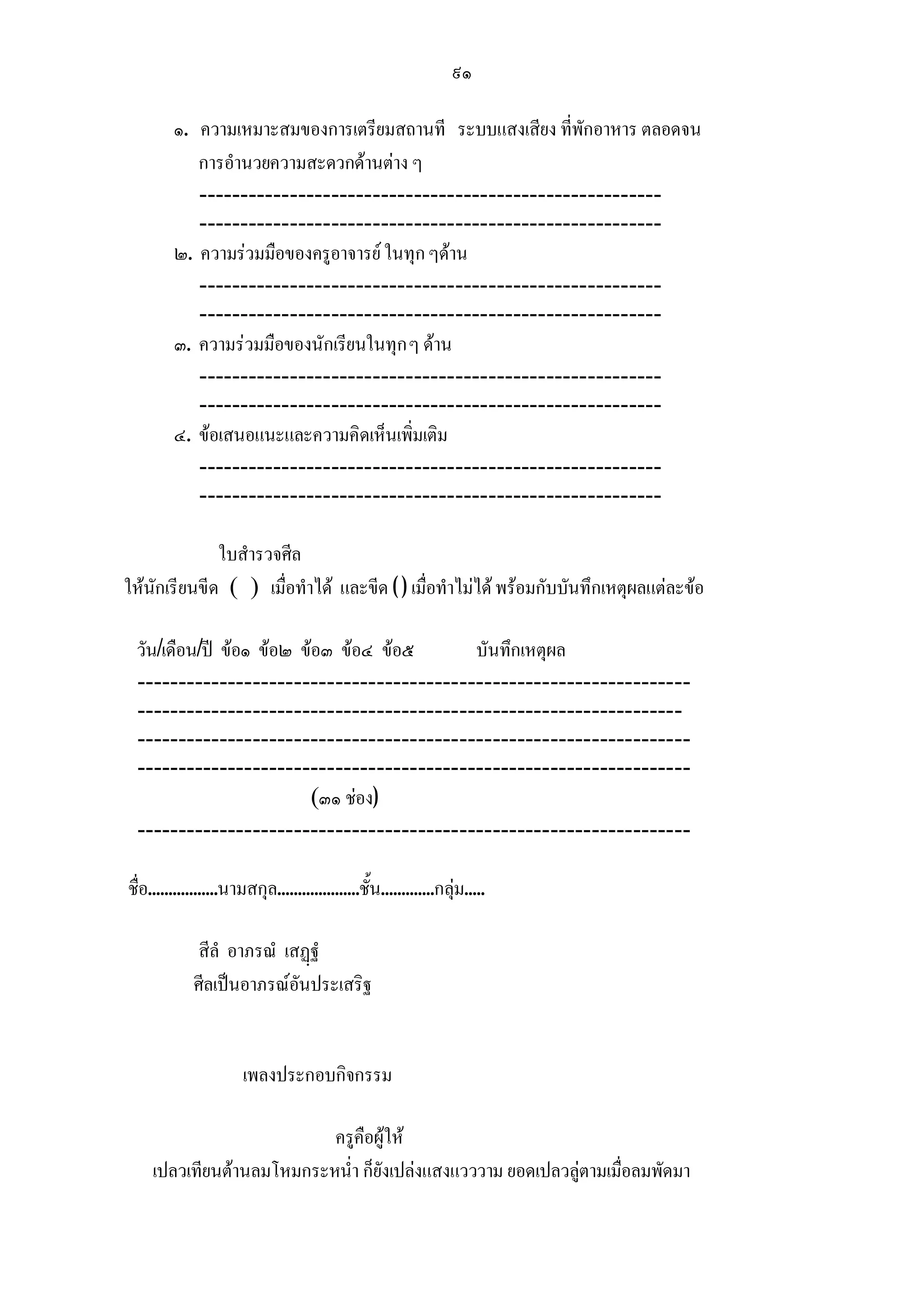 ๙๑

         ๑. ความเหมาะสมของการเตรียมสถานที ระบบแสงเสียง ที่พักอาหาร ตลอดจน
            การอํานวยความสะดวกดานตาง ๆ
            --------------------------------------------------------
            --------------------------------------------------------
         ๒. ความรวมมือของครูอาจารย ในทุก ๆดาน
            --------------------------------------------------------
            --------------------------------------------------------
         ๓. ความรวมมือของนักเรียนในทุก ๆ ดาน
            --------------------------------------------------------
            --------------------------------------------------------
         ๔. ขอเสนอแนะและความคิดเห็นเพิ่มเติม
            --------------------------------------------------------
            --------------------------------------------------------

              ใบสํารวจศีล
ใหนักเรียนขีด ( ) เมื่อทําได และขีด ( ) เมื่อทําไมได พรอมกับบันทึกเหตุผลแตละขอ

 วัน/เดือน/ป ขอ๑ ขอ๒ ขอ๓ ขอ๔ ขอ๕    บันทึกเหตุผล
 -------------------------------------------------------------------
 ------------------------------------------------------------------
 -------------------------------------------------------------------
 -------------------------------------------------------------------
                          (๓๑ ชอง)
 -------------------------------------------------------------------

ชื่อ.................นามสกุล....................ชั้น.............กลุม.....

              สีลํ อาภรณํ เสฏฐํ
             ศีลเปนอาภรณอันประเสริฐ


                        เพลงประกอบกิจกรรม

                           ครูคือผูให
     เปลวเทียนตานลมโหมกระหน่ํา ก็ยังเปลงแสงแวววาม ยอดเปลวลูตามเมื่อลมพัดมา
 