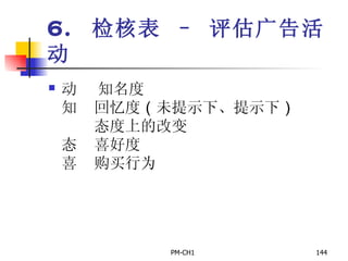 6.  检核表 – 评估广告活动       知名度       回忆度 （ 未提示下 、 提示下 ）         态度上的改变       喜好度       购买行为 