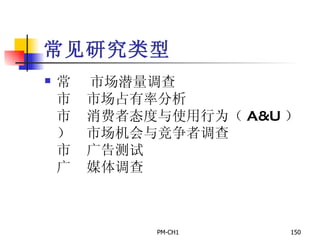 常见研究类型       市场潜量调查       市场占有率分析       消费者态度与使用行为（ A&U ）       市场机会与竞争者调查       广告测试       媒体调查 