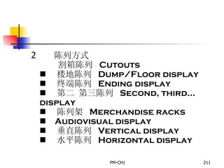        陈列方式         割箱陈列  Cutouts       楼地陈列  Dump/Floor display       终端陈列  Ending display       第二 第三陈列  Second, third… display       陈列架  Merchandise racks       Audiovisual display       垂直陈列  Vertical display       水平陈列  Horizontal display 