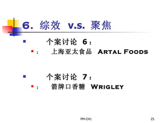 6.   综效   v.s.  聚焦         个案讨论   6 ：       上海亚太食品  Artal Foods         个案讨论   7 ：       箭牌口香糖  Wrigley   