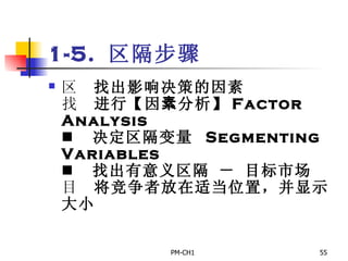 1-5.  区隔步骤      找出影响决策的因素       进行【因 素 分析】 Factor Analysis         决定区隔变量  Segmenting Variables       找出有意义区隔 － 目标市场       将竞争者放在适当位置，并显示大小 