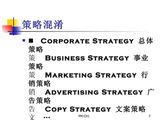 策略混淆       Corporate Strategy  总体策略       Business Strategy  事业策略       Marketing Strategy  行销策略       Advertising Strategy  广告策略       Copy Strategy  文案策略       … 