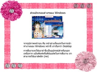 ส่วนประกอบต่างๆของ  Windows   จากรูปภาพหน้าบน คือ หน้าต่างเริ่มแรกในการเข้าทำงานของ   Windows  หน้านี้ เราเรียกว่า  Desktop  การสั่งงานจะใช้เมาส์ ซึ่งเป็นอุปกรณ์สำหรับนอกเหนือจาก แป้นพิมพ์หรือคีย์บอร์ดในการสั่งงาน เราสามารถใช้เมาส์คลิก  ( กด )   