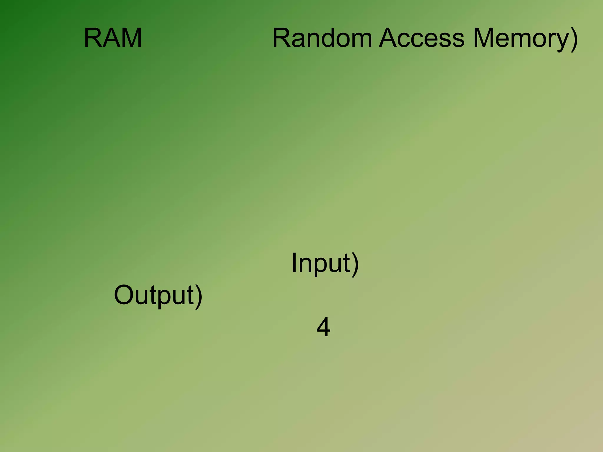 หน่วยความจำสำรอง (RAM)               RAM ย่อมาจาก (Random Access Memory) เป็นหน่วยความจำหลักที่จำเป็น หน่วยความจำ ชนิดนี้จะสามารถเก็บข้อมูลได้ เฉพาะเวลาที่มีกระแสไฟฟ้าหล่อเลี้ยงเท่านั้นเมื่อใดก็ตามที่ไม่มีกระแสไฟฟ้า มาเลี้ยง ข้อมูลที่อยู่ภายในหน่วยความจำชนิดจะหายไปทันที หน่วยความจำแรม ทำหน้าที่เก็บชุดคำสั่งและข้อมูลที่ระบบคอมพิวเตอร์กำลังทำงานอยู่ด้วย ไม่ว่าจะเป็นการนำเข้าข้อมูล (Input) หรือ การนำออกข้อมูล (Output) โดยที่เนื้อที่ของหน่วยความจำหลักแบบแรมนี้ถูกแบ่งออกเป็น 4 ส่วน คือ