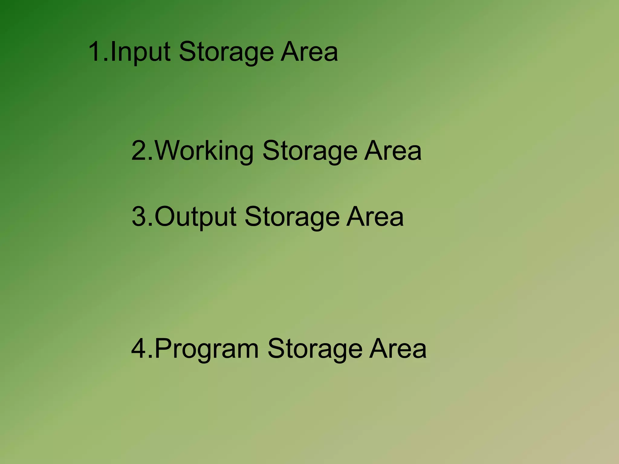           1.Input Storage Area เป็นส่วนที่เก็บข้อมูลนำเข้าที่ได้รับมาจากหน่วยรับข้อมูลเข้าโดย ข้อมูลนี้จะถูกนำไปใช้ในการประมวลผลต่อไป             2.Working Storage Area เป็นส่วนที่เก็บข้อมูลที่อยู่ในระหว่างการประมวลผล             3.Output Storage Area เป็นส่วนที่เก็บผลลัพธ์ที่ได้จากการประมวลผล ตามความต้องการของผู้ใช้ เพื่อรอที่จะถูกส่งไปแสดงออก ยังหน่วยแสดงผลอื่นที่ผู้ใช้ต้องการ             4.Program Storage Area เป็นส่วนที่ใช้เก็บชุดคำสั่ง หรือโปรแกรมที่ผู้ใช้ต้องการจะส่งเข้ามา เพื่อใช้คอมพิวเตอร์ปฏิบัติตามคำสั่ง ชุดดังกล่าว หน่วยควบคุมจะทำหน้าที่ดึงคำสั่งจากส่วน นี้ไปที่ละคำสั่งเพื่อทำการแปลความหมาย ว่าคำสั่งนั้นสั่งให้ทำอะไร จากนั้นหน่วยควบคุม จะไปควบคุมฮาร์ดแวร์ที่ต้องการทำงานดังกล่าวให้ทำงานตามคำสั่งนั้นๆ