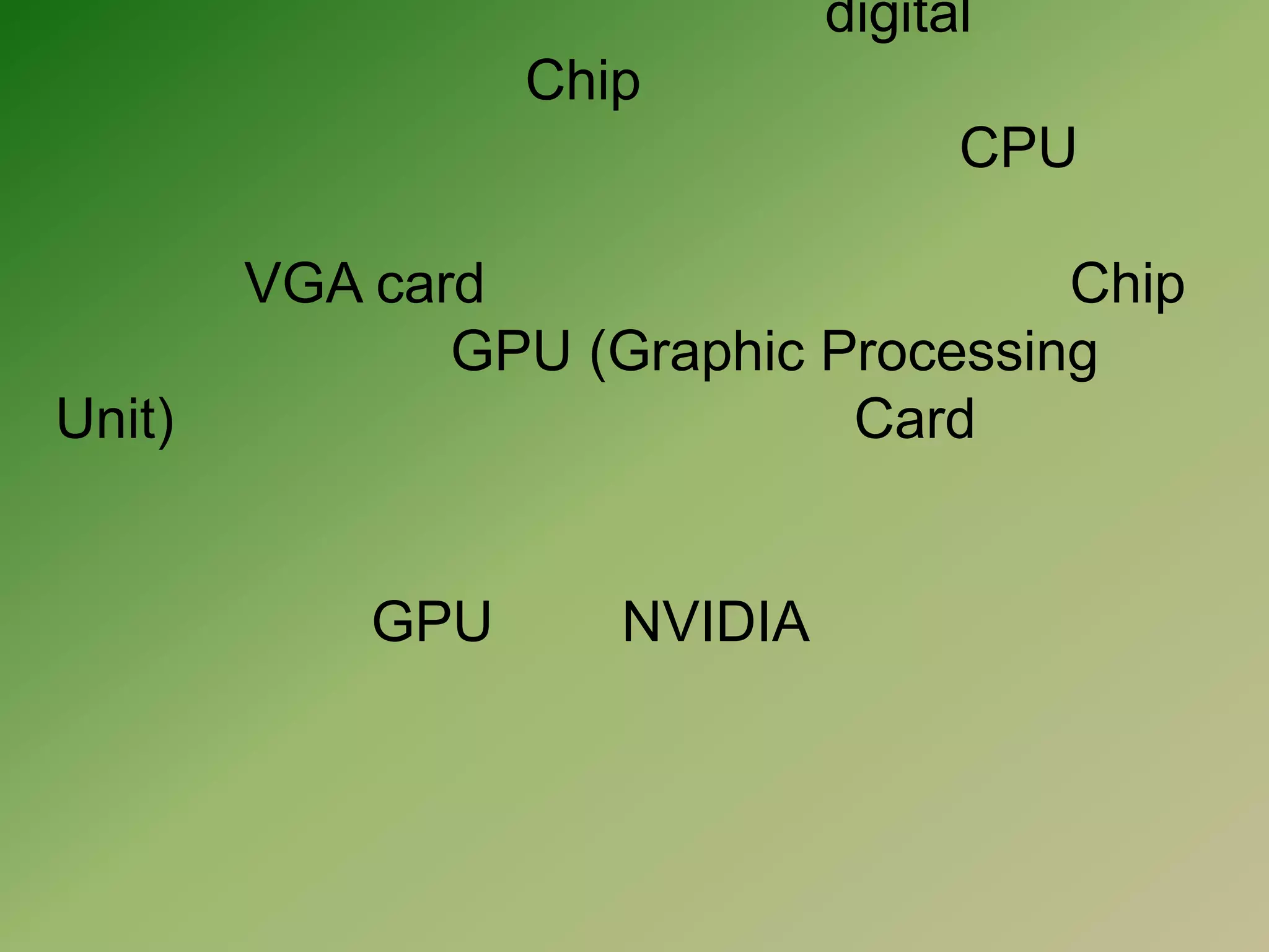 การ์ดแสดงผล หรือ การ์ดจอ ( Display Adapter VGA Card ) VGA Card หรือ Display Adapter               มีหน้าที่เปลี่ยนสัญญาณ digital ให้เป็นสัญญาณภาพ โดยมี Chip เป็นตัวหลักในการประมวลการแปลงสัญญาณ ส่วนภาพนั้น CPU เป็นผู้ประมวลผล แต่ปัจจุบัน เทคโนโลยีการประมวลผลภาพนั้น VGA card เป็นผู้ประมวลผลเองโดย Chip นั้นได้เปลี่ยนเป็น GPU (Graphic Processing Unit) ซึ่งจะมีการประมวลภาพในตัว Card เองเลย เทคโนโลยีนี้เป็นที่แพร่หลายมากเนื่องจากราคาเริ่มปรับตัวต่ำลงมาจากเมื่อก่อนที่เทคโนโลยีนี้เพิ่งเข้ามาใหม่ๆ โดย GPU ค่าย NVIDIA เป็นผู้ริเริ่มการลุยตลาด                           หลักการทำงานพื้นฐานของการ์ดแสดงผลจะเริ่มต้นขึ้น เมื่อโปรแกรมต่างๆ ส่งข้อมูลมาประมวลผลที่ ซีพียูเมื่อซีพียูประมวลผล เสร็จแล้ว ก็จะส่งข้อมูลที่จะนำมาแสดงผลบนจอภาพมาที่การ์ดแสดงผล จากนั้น การ์ดแสดงผล ก็จะส่งข้อมูลนี้มาที่จอภาพ ตามข้อมูลที่ได้รับมา การ์ดแสดงผล