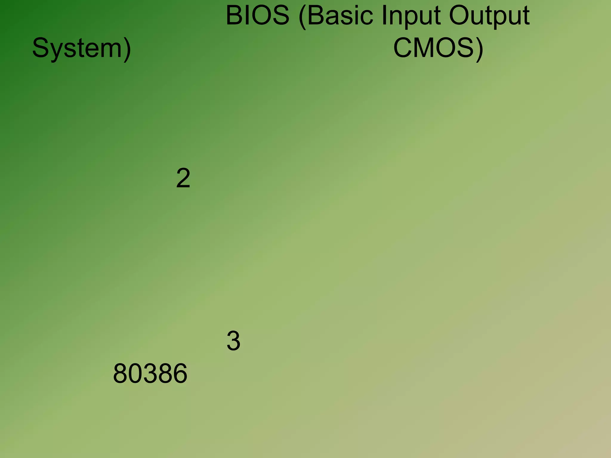 2. หน่วยความจำรอมไบออส และแบตเตอรี่แบ็คอัพ              ไบออส BIOS (Basic Input Output System) หรืออาจเรียกว่าซีมอส (CMOS) เป็นชิปหน่วยความจำชนิด หนึ่งที่ใช้สำหรับเก็บข้อมูล และโปรแกรมขนาดเล็กที่จำเป็นต่อการบู๊ตของระบบคอมพิวเตอร์ โดยในอดีต ส่วนของชิปรอมไบออสจะประกอบด้วย 2 ส่วนคือ ชิปไบออส และชิปซีมอส ซึ่งชิปซีไบออสจะทำหน้าที่ เก็บข้อมูลพื้นฐานที่จำเป็นต่อการบู๊ตของระบบคอมพิวเตอร์ ส่วนชิปซีมอสจะทำหน้าที่ เก็บโปรแกรมขนาดเล็ก ที่ใช้ในการบู๊ตระบบ และสามารถเปลี่ยนข้อมูลซึ่งภายในจะบรรจุแบตเตอรี่แบบลิเธี่ยมขนาด 3 โวลต์ไว้) แต่ต่อมาในสมัย ซีพียูตระกูล 80386 จึงได้มีการรวมชิพทั้งสองเข้าด้วยกัน และเรียกชื่อว่าชิปรอมไบออสเพียงอย่างเดียว และการที่ชิปรอมไบออสเป็นการรวมกันของชิปไบออส และชิปซีมอสจึงทำให้ข้อมูลบางส่วนที่อยู่ภายใน ชิปรอมไบออส ต้องการพลังงานไฟฟ้าเพื่อรักษาข้อมูลไว้ แบตเตอรี่แบ็คอัพ 